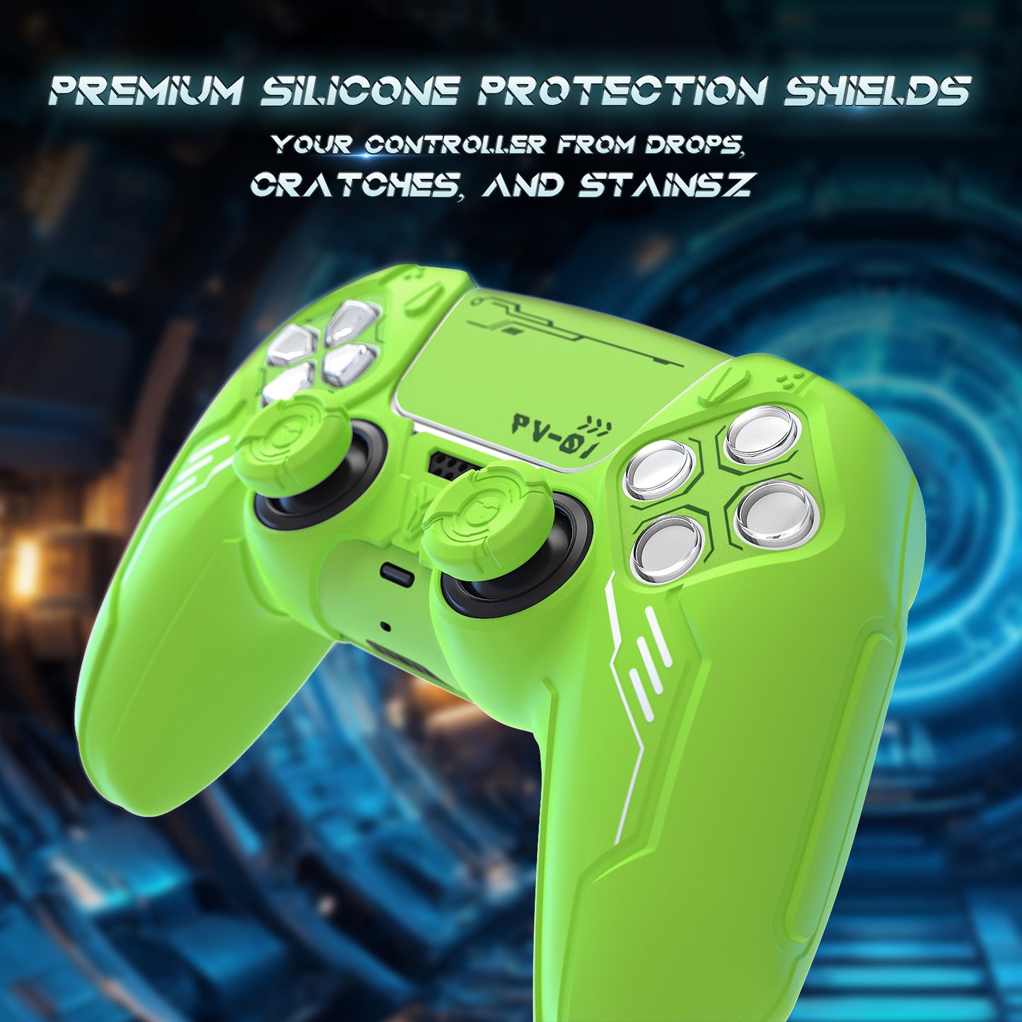 PlayVital Mecha Edition Anti-Slip Silicone Cover Skin with Matching Thumb Grips and Stickers for PS5 Wireless Controller - Compatible with Charging Station - Neon Green PlayVital