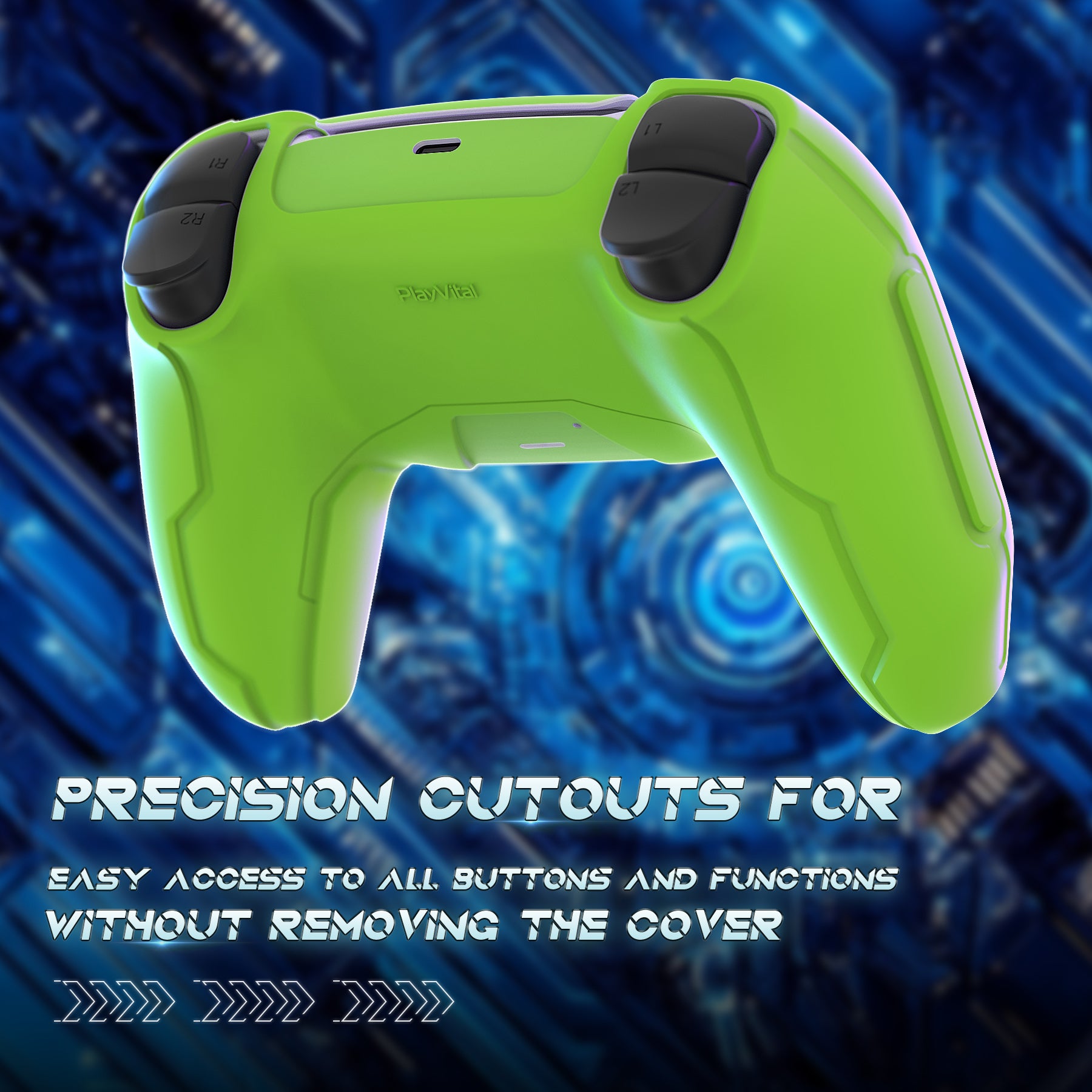 PlayVital Mecha Edition Anti-Slip Silicone Cover Skin with Matching Thumb Grips and Stickers for PS5 Wireless Controller - Compatible with Charging Station - Neon Green PlayVital