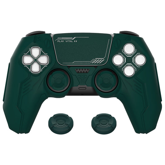 PlayVital Mecha Edition Anti-Slip Silicone Cover Skin with Matching Thumb Grips and Stickers for PS5 Wireless Controller - Compatible with Charging Station - Jungle Green PlayVital