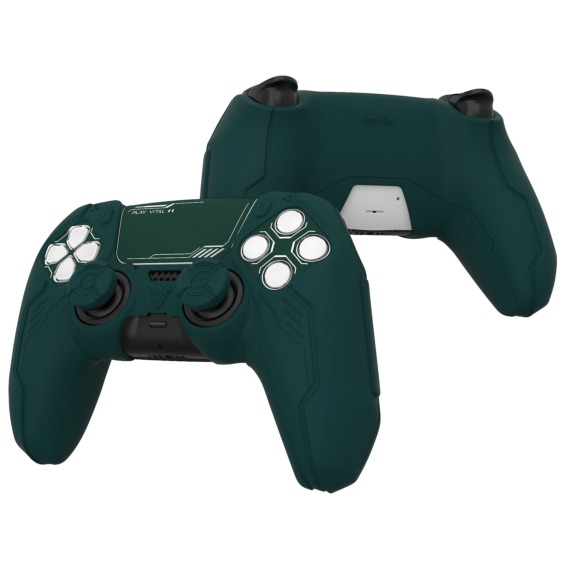 PlayVital Mecha Edition Anti-Slip Silicone Cover Skin with Matching Thumb Grips and Stickers for PS5 Wireless Controller - Compatible with Charging Station - Jungle Green PlayVital