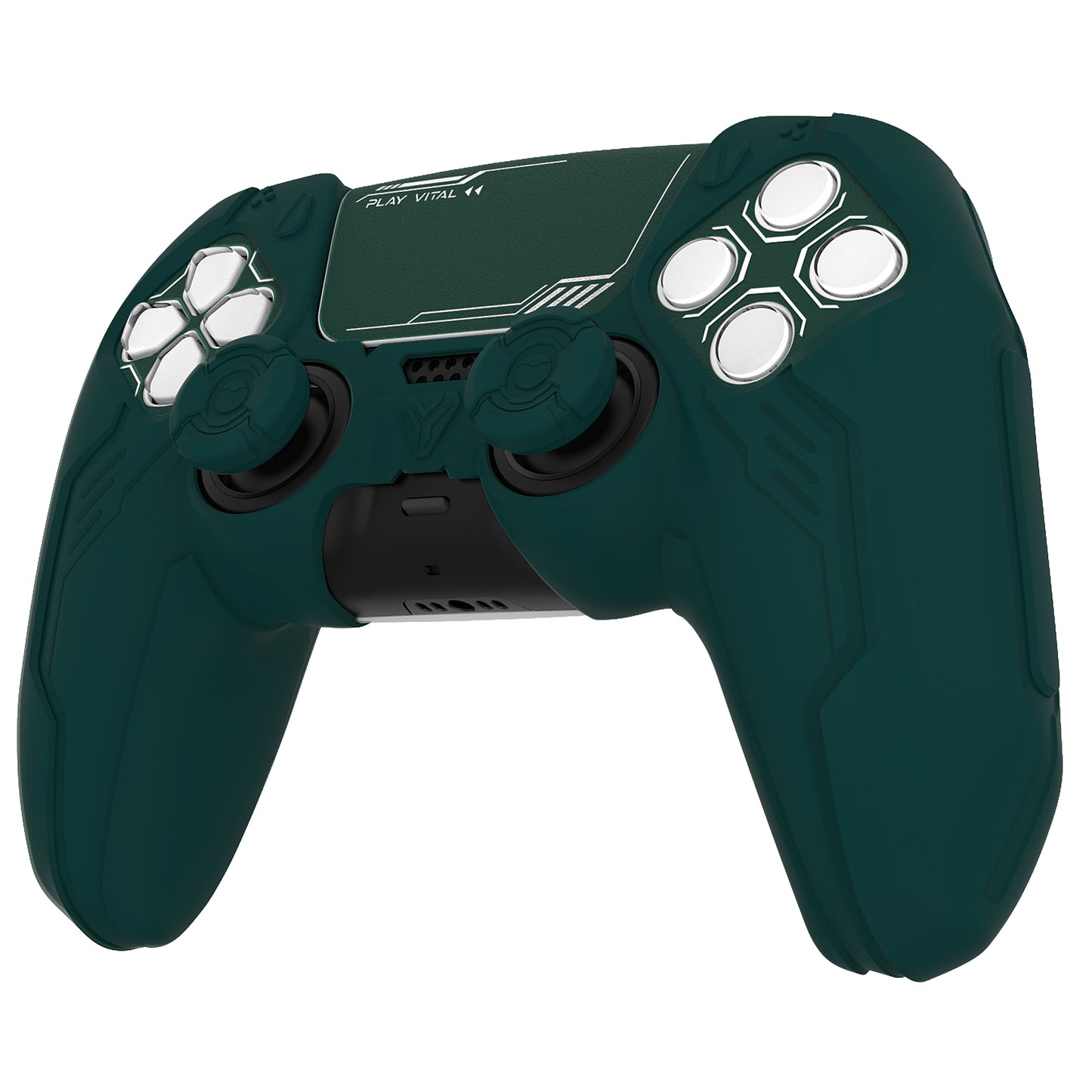 PlayVital Mecha Edition Anti-Slip Silicone Cover Skin with Matching Thumb Grips and Stickers for PS5 Wireless Controller - Compatible with Charging Station - Jungle Green PlayVital