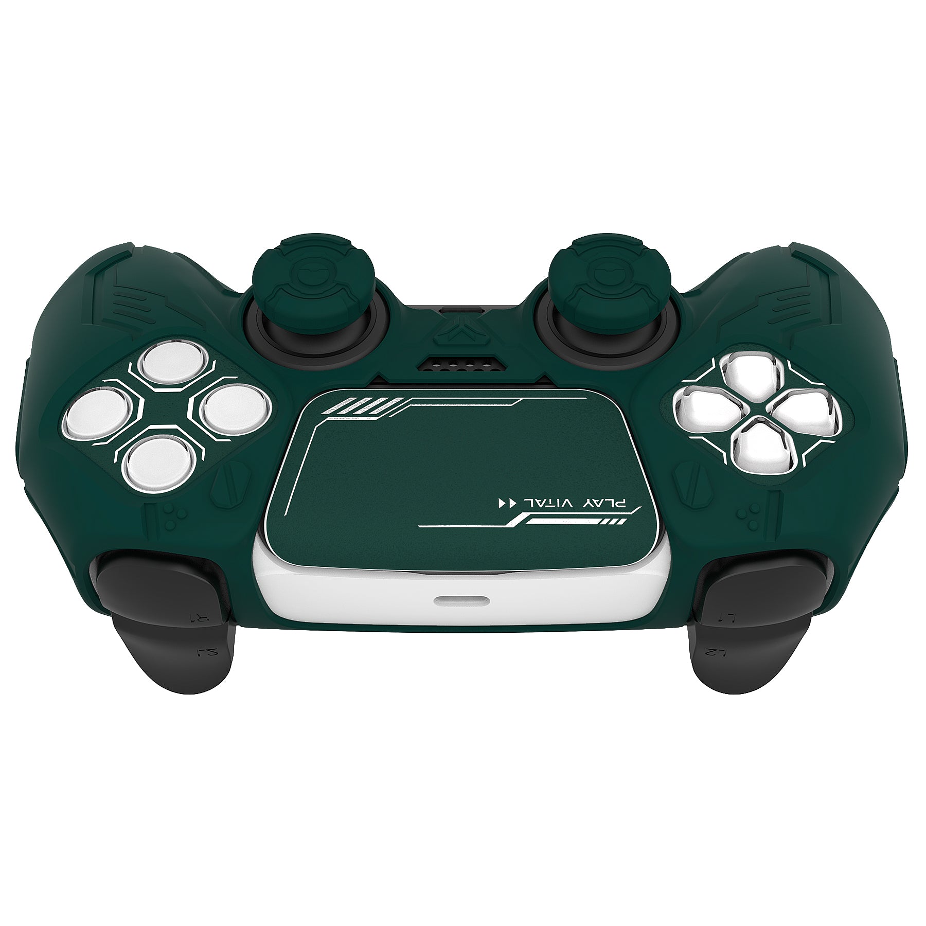 PlayVital Mecha Edition Anti-Slip Silicone Cover Skin with Matching Thumb Grips and Stickers for PS5 Wireless Controller - Compatible with Charging Station - Jungle Green PlayVital