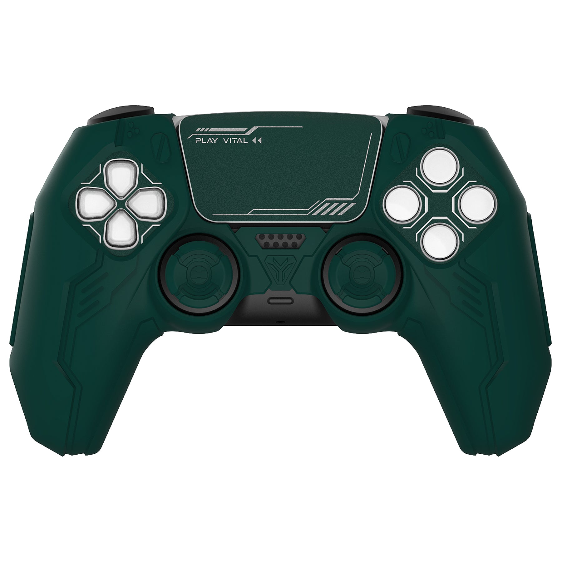 PlayVital Mecha Edition Anti-Slip Silicone Cover Skin with Matching Thumb Grips and Stickers for PS5 Wireless Controller - Compatible with Charging Station - Jungle Green PlayVital