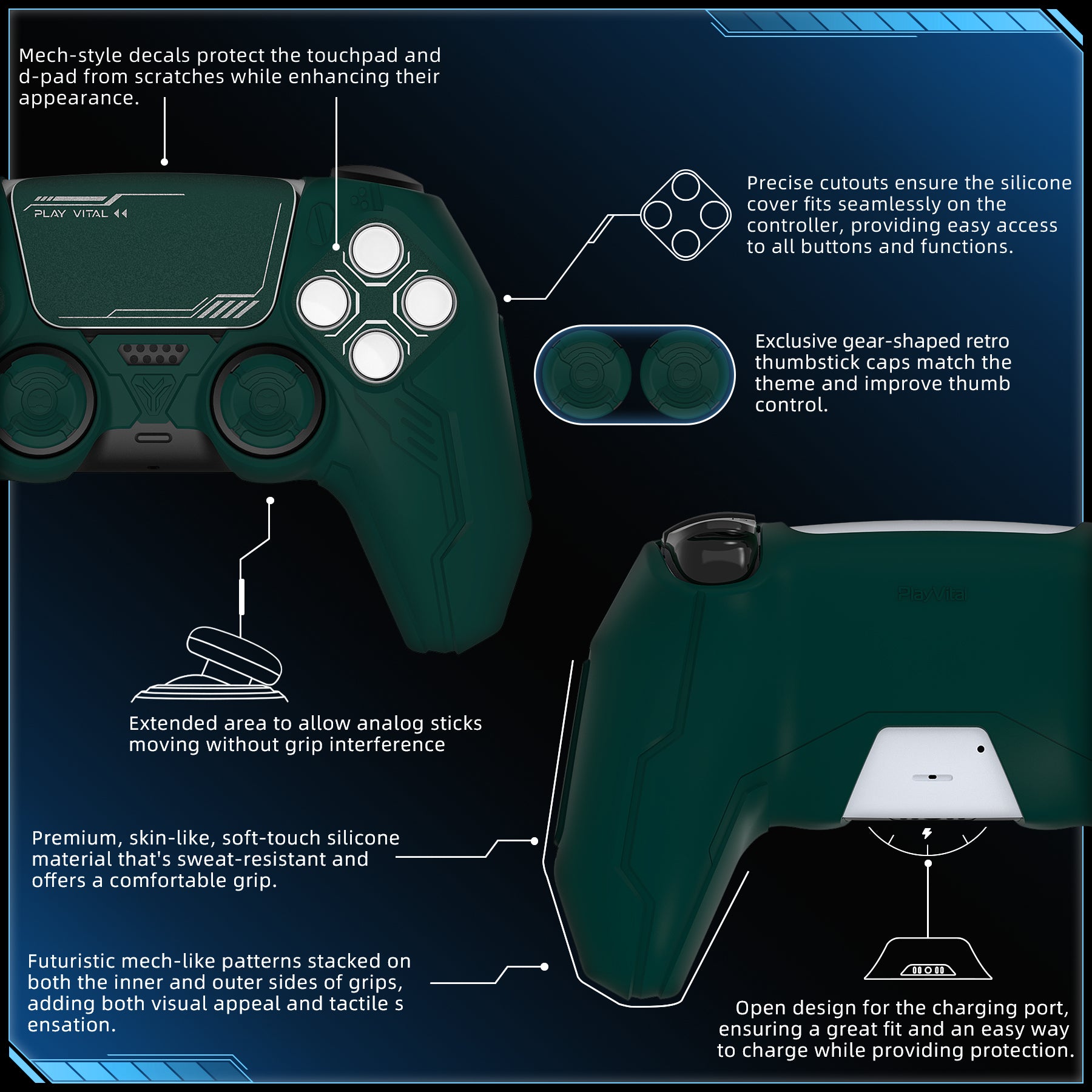 PlayVital Mecha Edition Anti-Slip Silicone Cover Skin with Matching Thumb Grips and Stickers for PS5 Wireless Controller - Compatible with Charging Station - Jungle Green PlayVital