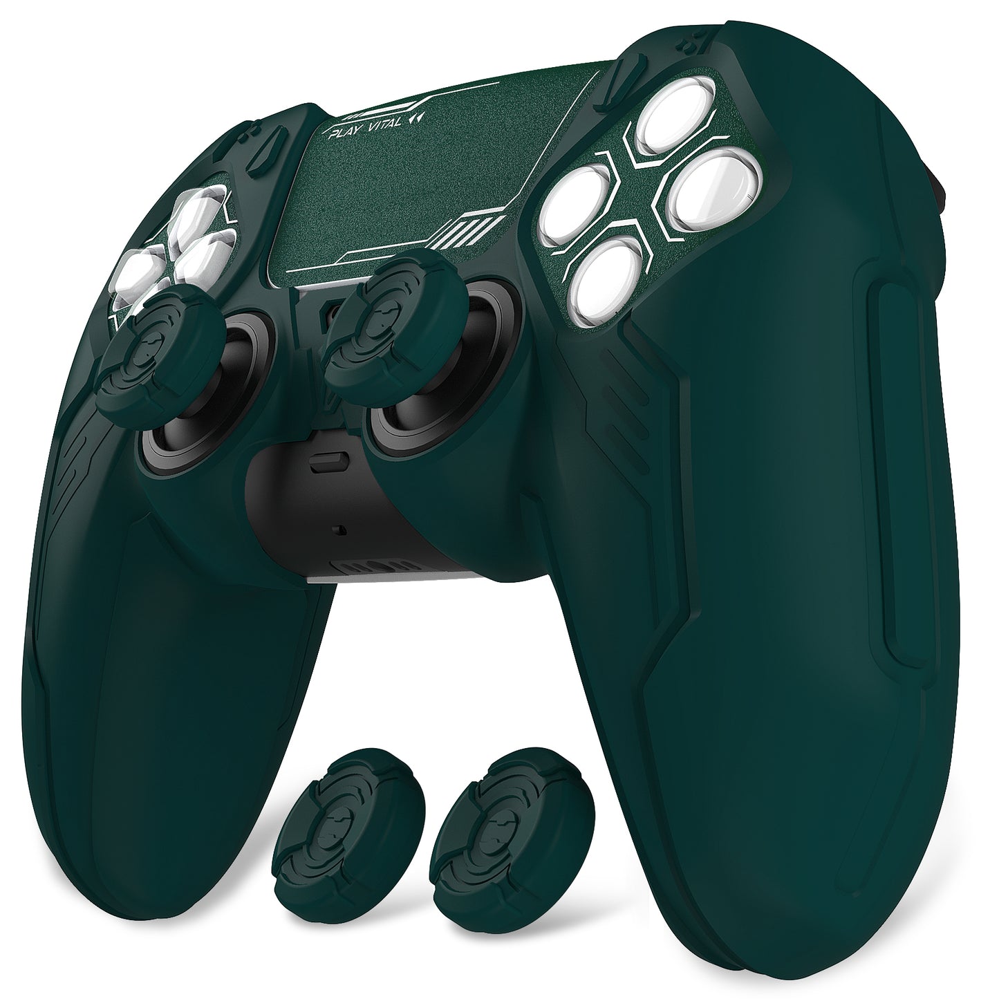 PlayVital Mecha Edition Anti-Slip Silicone Cover Skin with Matching Thumb Grips and Stickers for PS5 Wireless Controller - Compatible with Charging Station - Jungle Green PlayVital