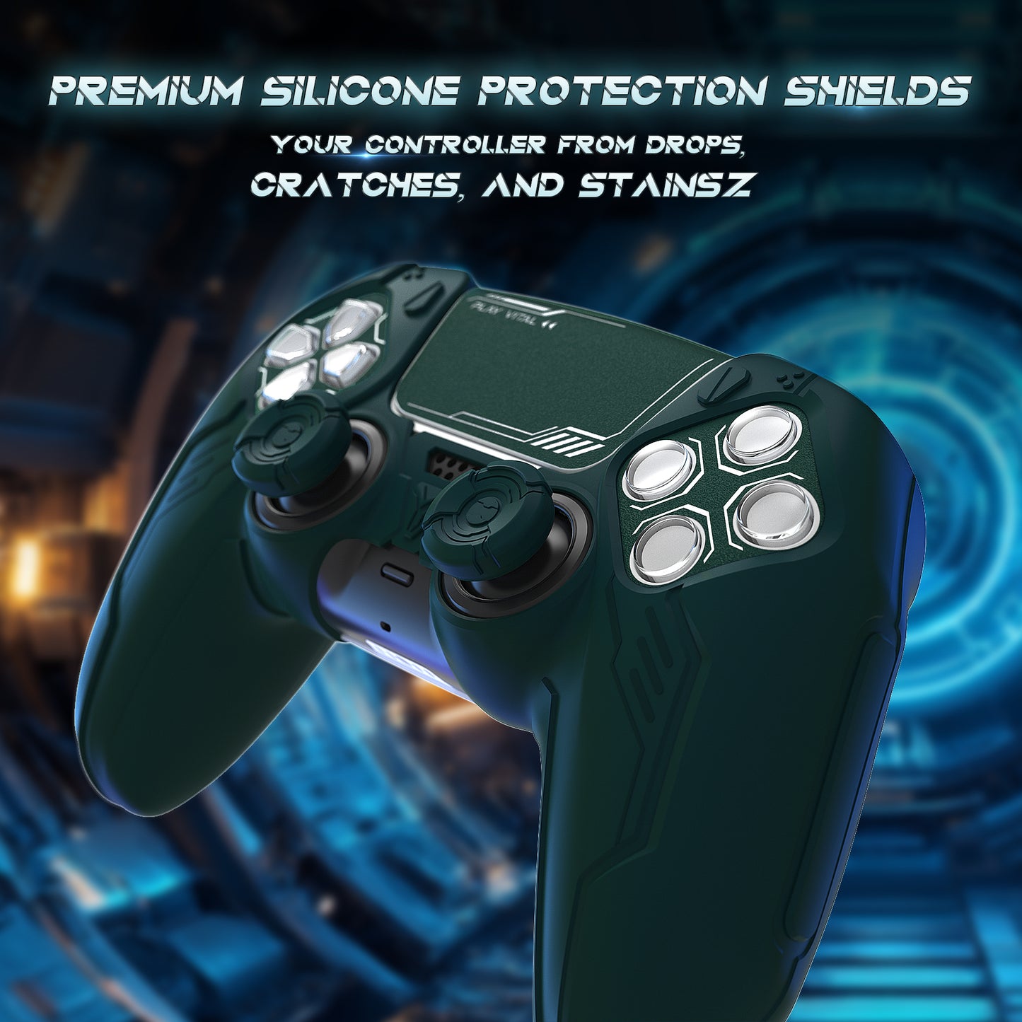 PlayVital Mecha Edition Anti-Slip Silicone Cover Skin with Matching Thumb Grips and Stickers for PS5 Wireless Controller - Compatible with Charging Station - Jungle Green PlayVital