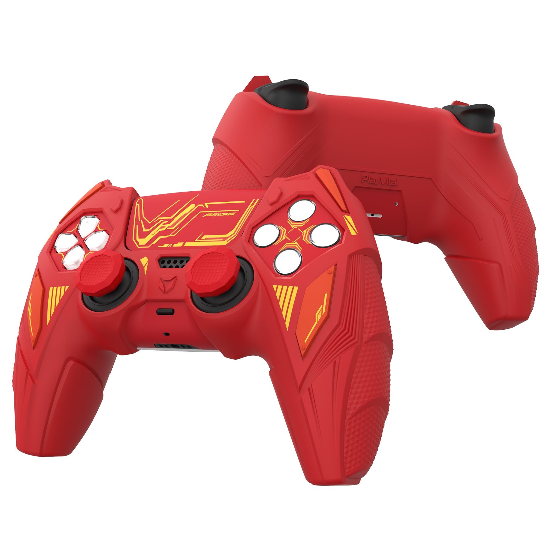 PlayVital Mecha Rhino Silicone Cover for PS5 Controller with Thumb Grips & Stickers, Compatible with Charging Station - Maple Red & Brick Red PlayVital