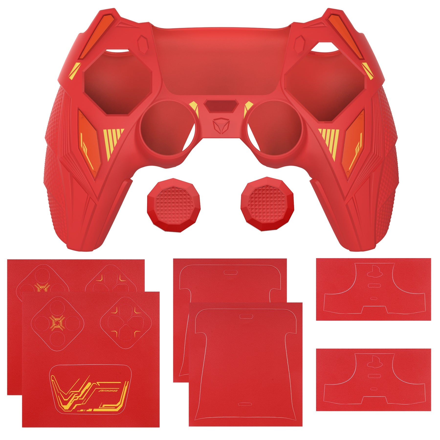 PlayVital Mecha Rhino Silicone Cover for PS5 Controller with Thumb Grips & Stickers, Compatible with Charging Station - Maple Red & Brick Red PlayVital