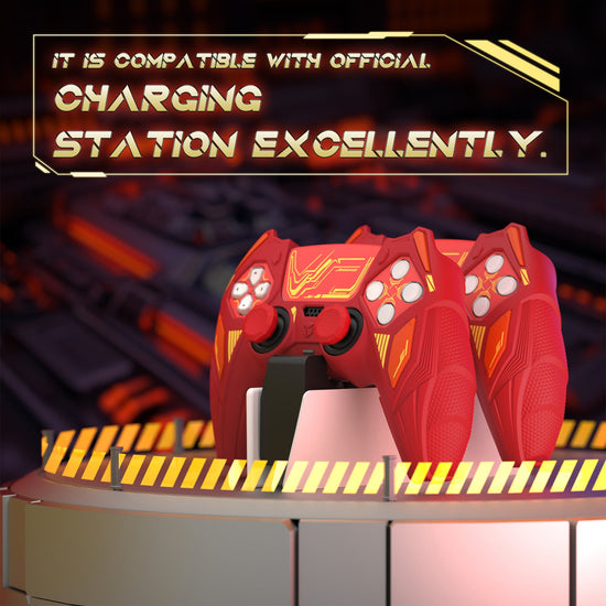 PlayVital Mecha Rhino Silicone Cover for PS5 Controller with Thumb Grips & Stickers, Compatible with Charging Station - Maple Red & Brick Red PlayVital