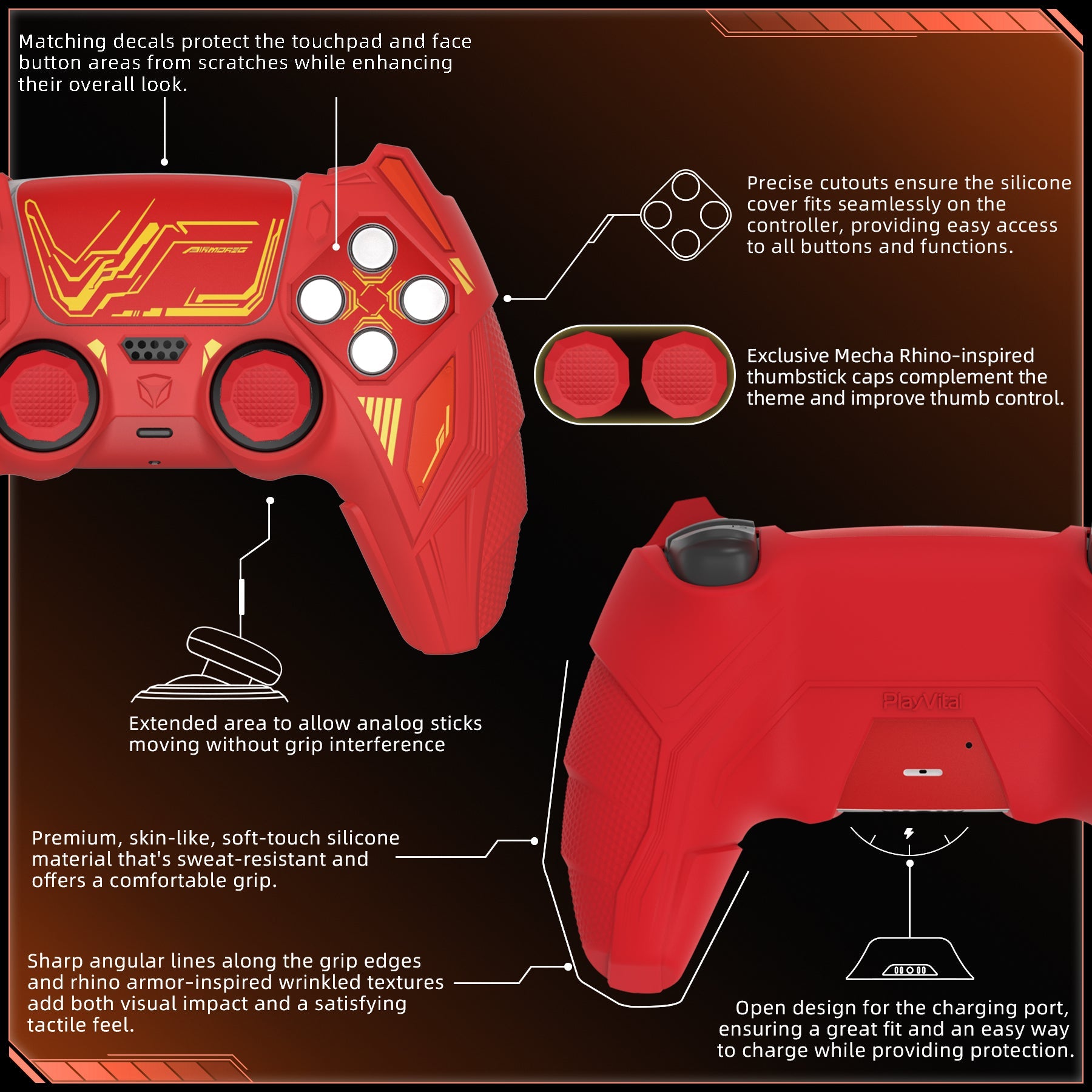 PlayVital Mecha Rhino Silicone Cover for PS5 Controller with Thumb Grips & Stickers, Compatible with Charging Station - Maple Red & Brick Red PlayVital