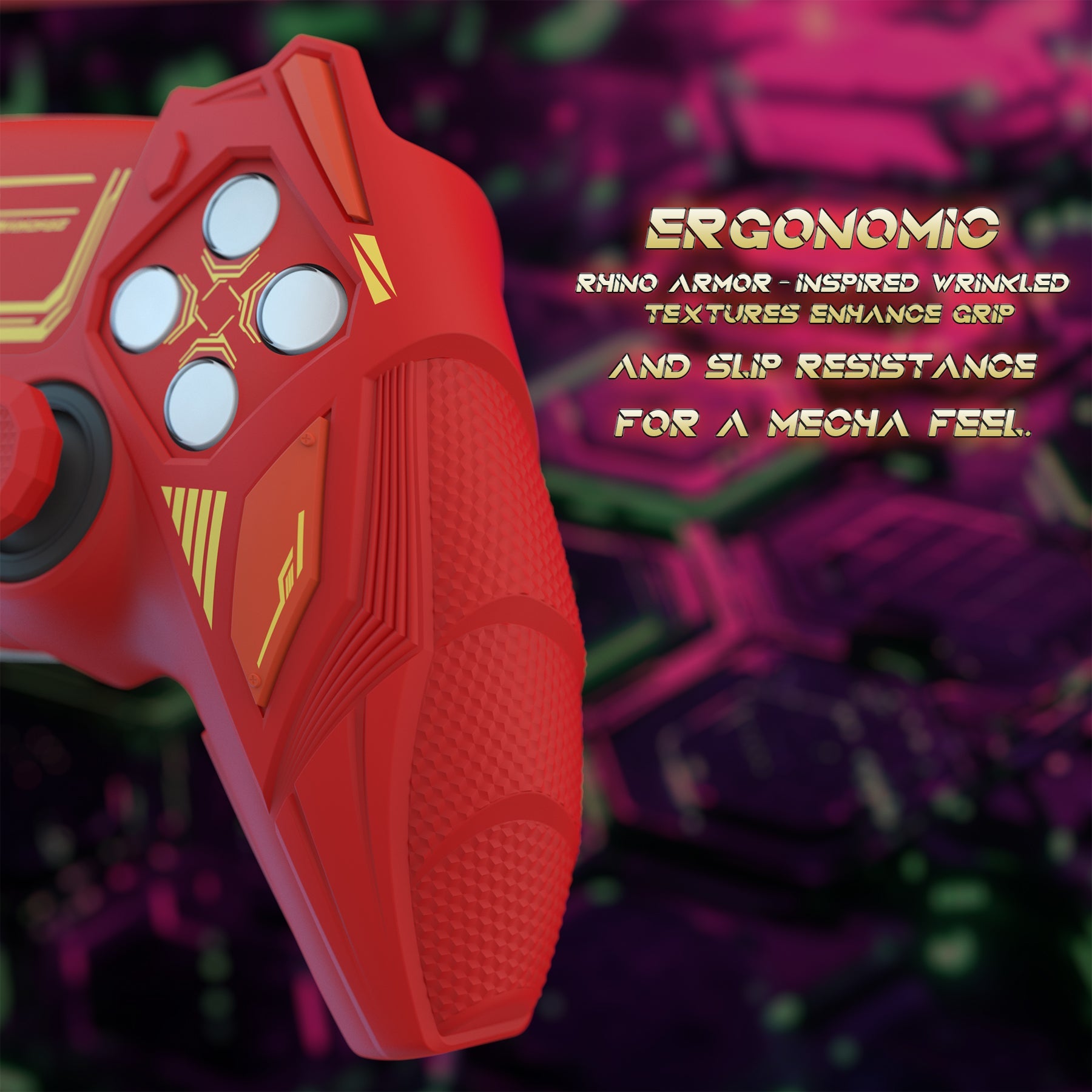 PlayVital Mecha Rhino Silicone Cover for PS5 Controller with Thumb Grips & Stickers, Compatible with Charging Station - Maple Red & Brick Red PlayVital