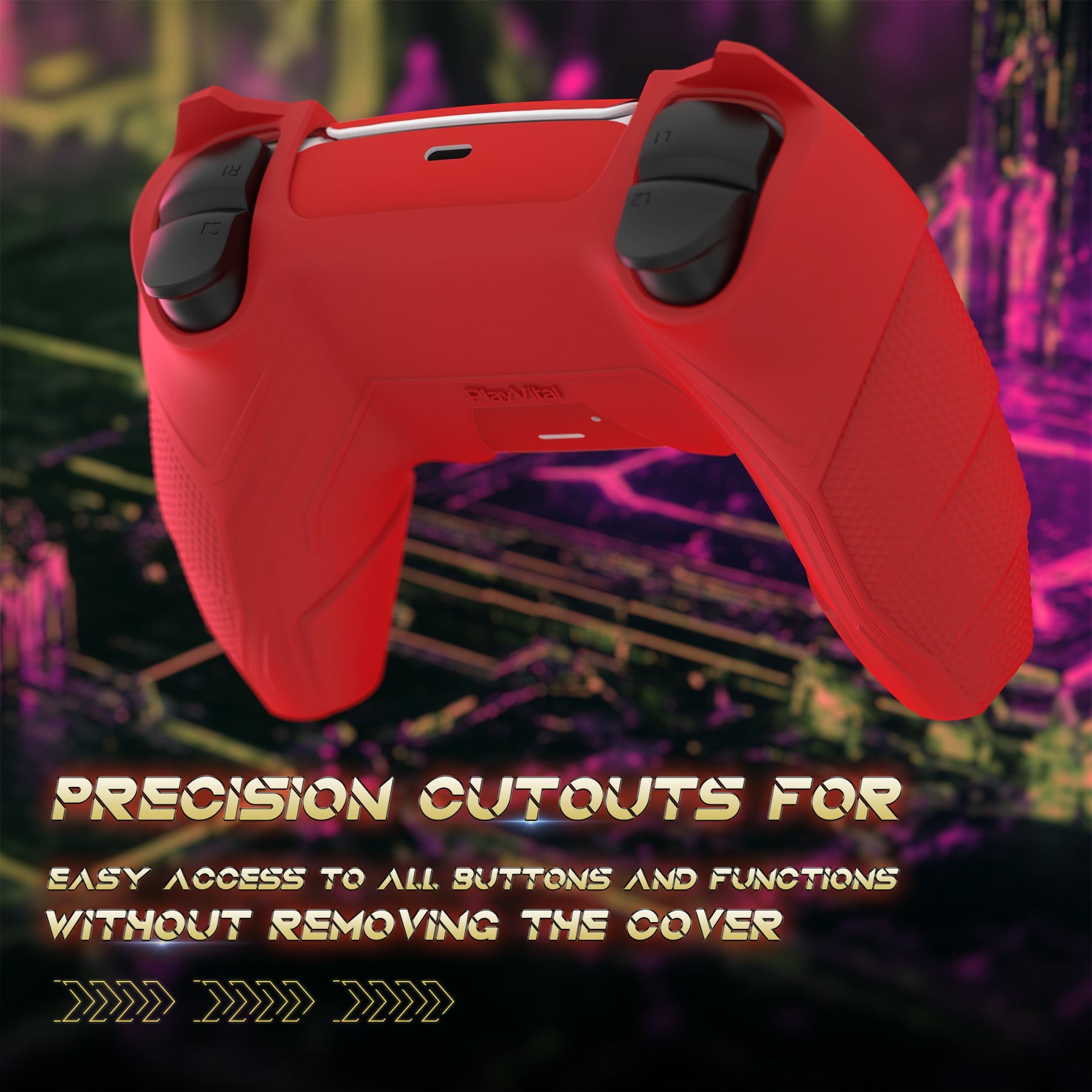 PlayVital Mecha Rhino Silicone Cover for PS5 Controller with Thumb Grips & Stickers, Compatible with Charging Station - Maple Red & Brick Red PlayVital