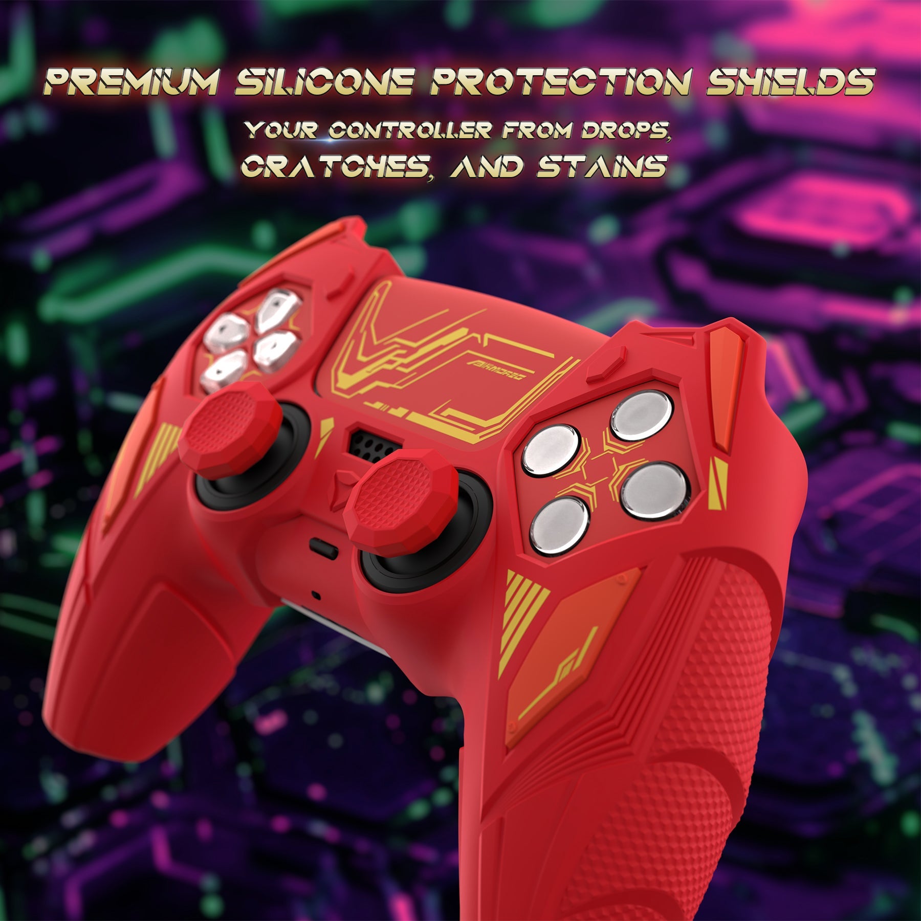 PlayVital Mecha Rhino Silicone Cover for PS5 Controller with Thumb Grips & Stickers, Compatible with Charging Station - Maple Red & Brick Red PlayVital