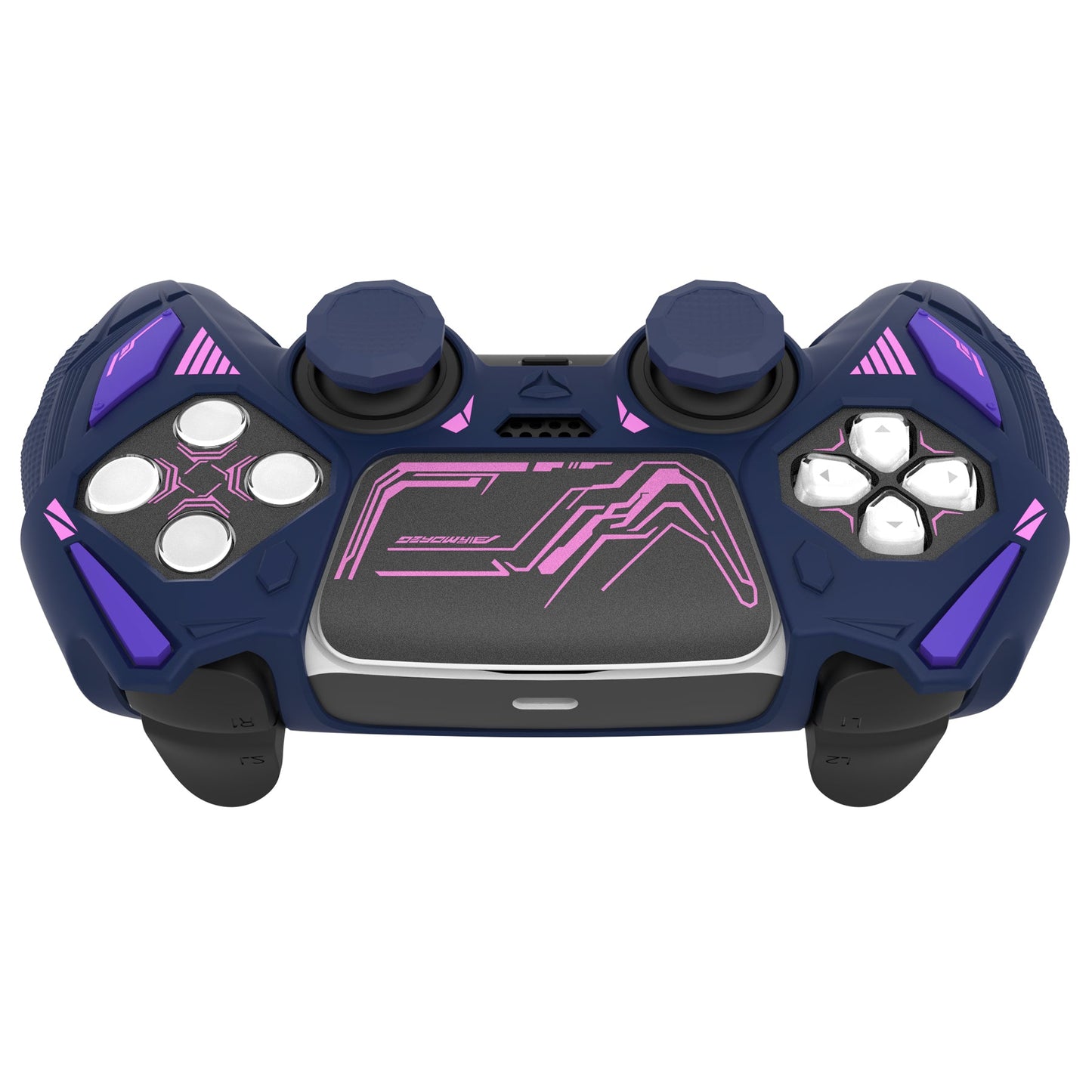 PlayVital Mecha Rhino Silicone Cover for PS5 Controller with Thumb Grips & Stickers, Compatible with Charging Station - Midnight Blue & Purple PlayVital