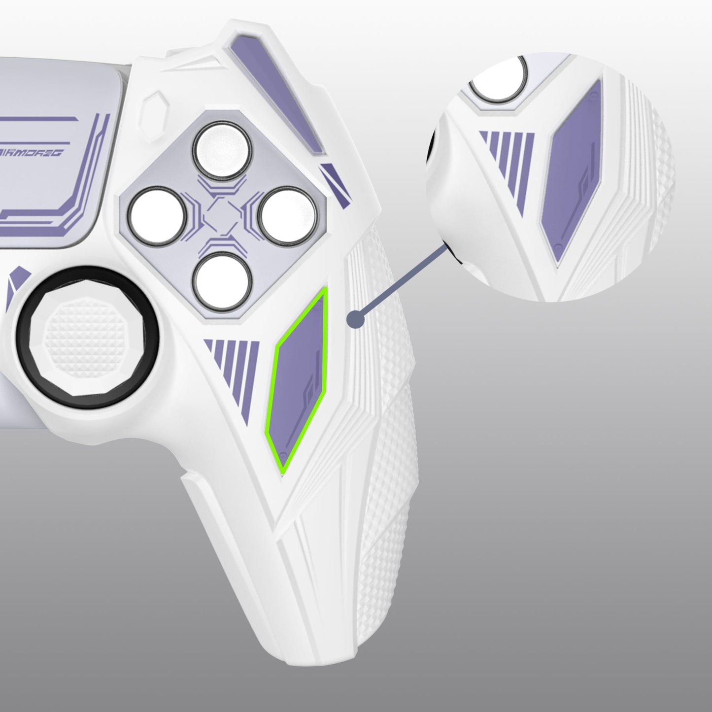 PlayVital Mecha Rhino Silicone Cover for PS5 Controller with Thumb Grips & Stickers, Compatible with Charging Station - White & Light Violet PlayVital