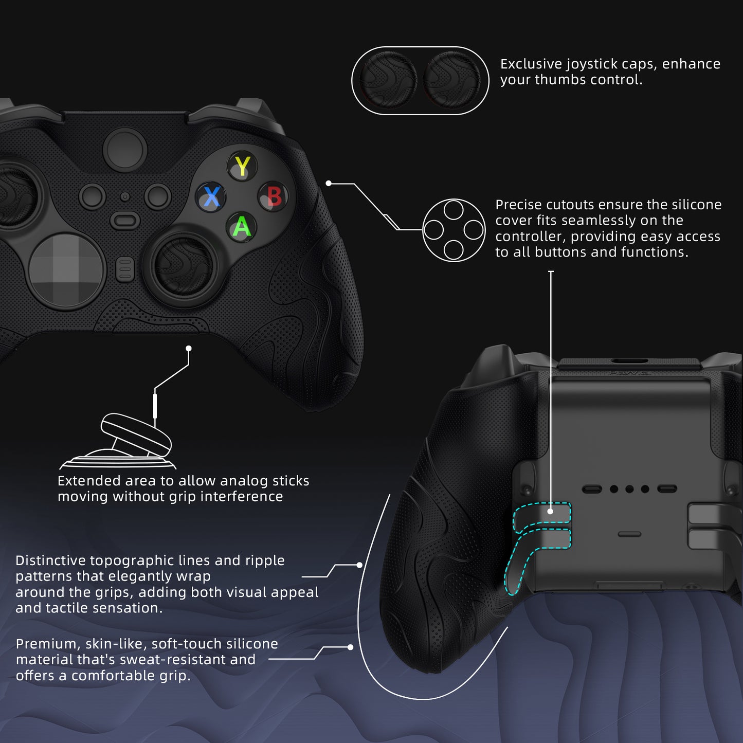 PlayVital Mountain Range Edition Silicone Cover with Thumb Grips for Xbox Elite Series 2 Controller & Xbox Elite Series 2 Core Controller - Black PlayVital