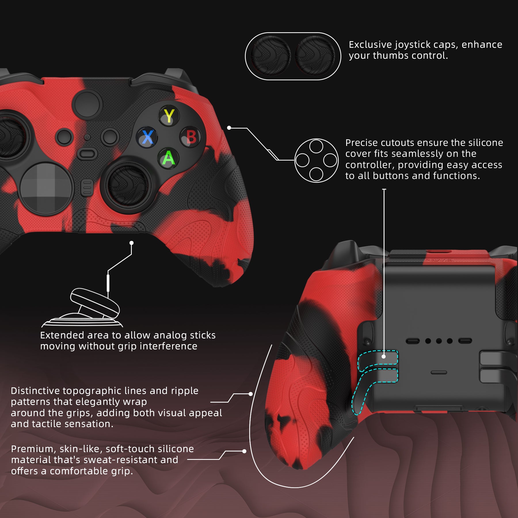 PlayVital Mountain Range Edition Silicone Cover with Thumb Grips for Xbox Elite Series 2 Controller & Xbox Elite Series 2 Core Controller - Red & Black PlayVital