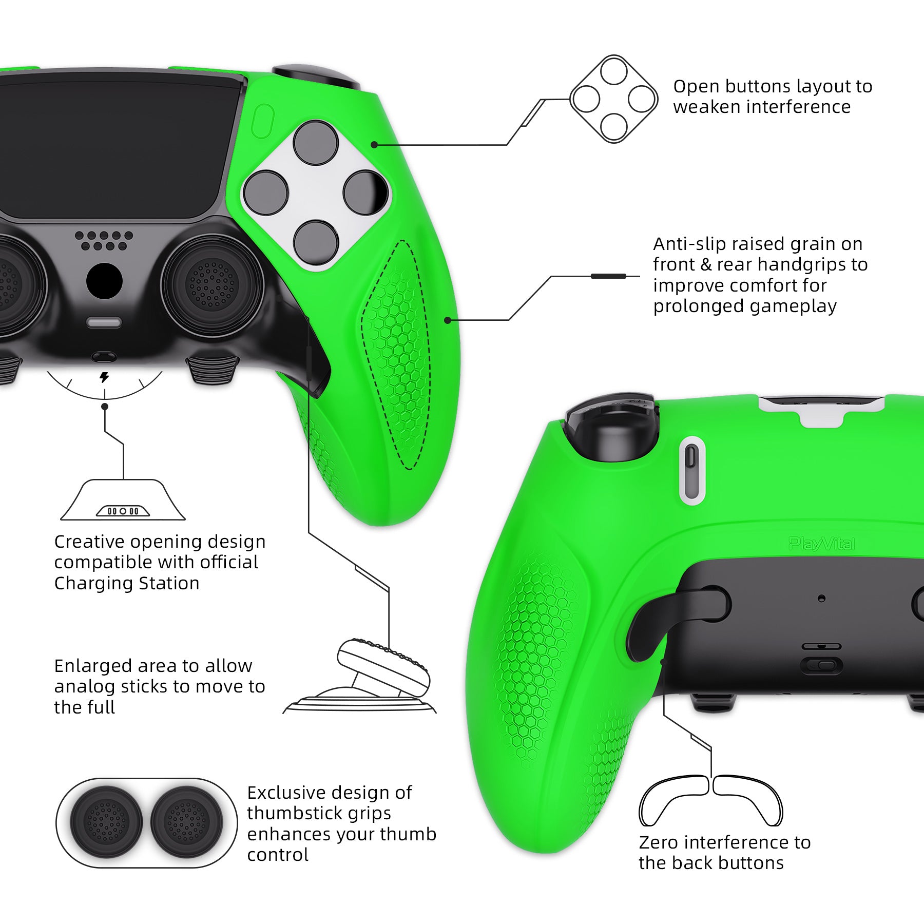 PlayVital Ninja Edition Anti-Slip Half-Covered Silicone Cover Skin with Thumb Grip Caps for PS5 Edge Controller - Green - EYPFP009 PlayVital