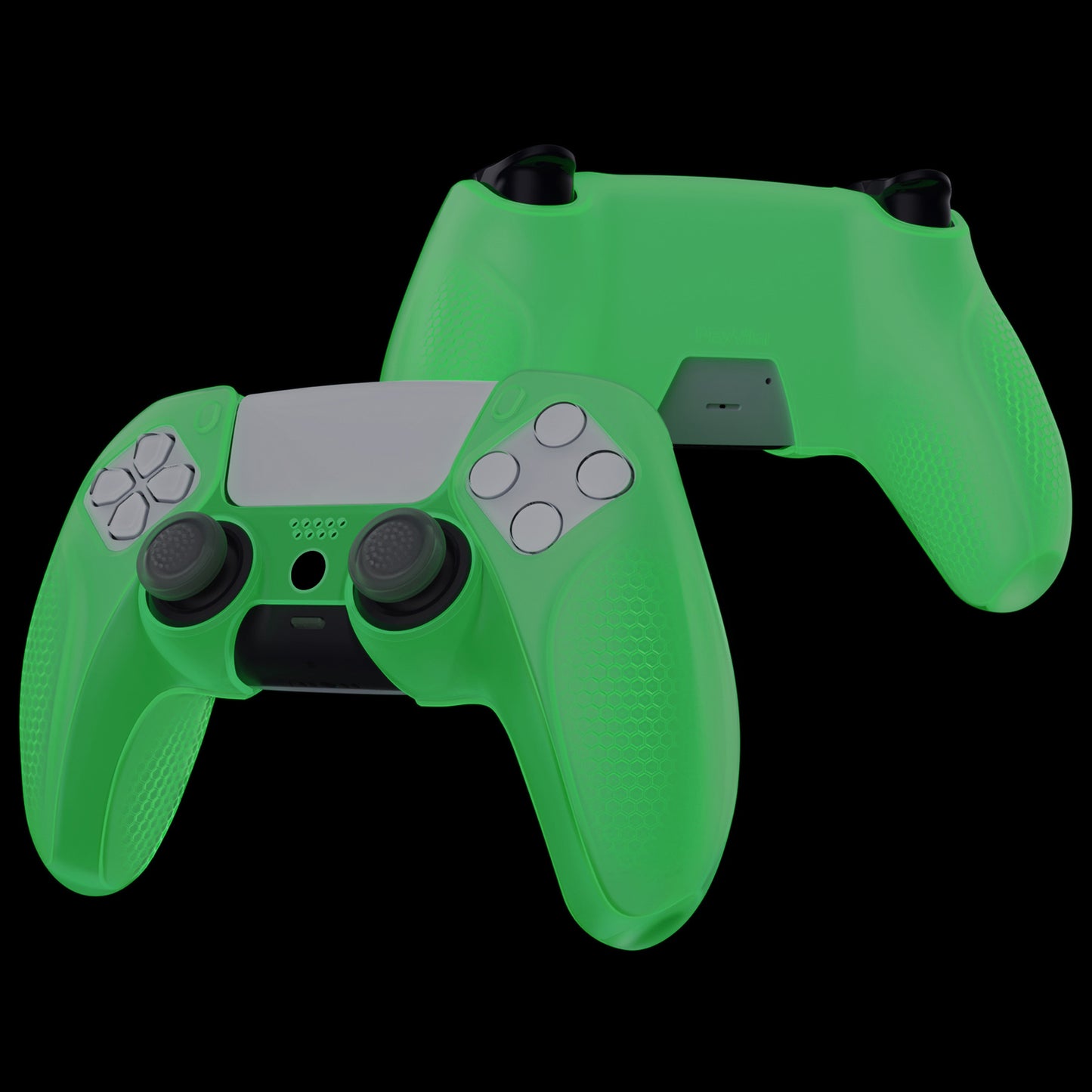 PlayVital Ninja Edition Anti-Slip Silicone Cover Skin with Thumb Grips for PS5 Wireless Controller, Compatible with Charging Station - Glow in Dark Green - MQRPFP006 PlayVital