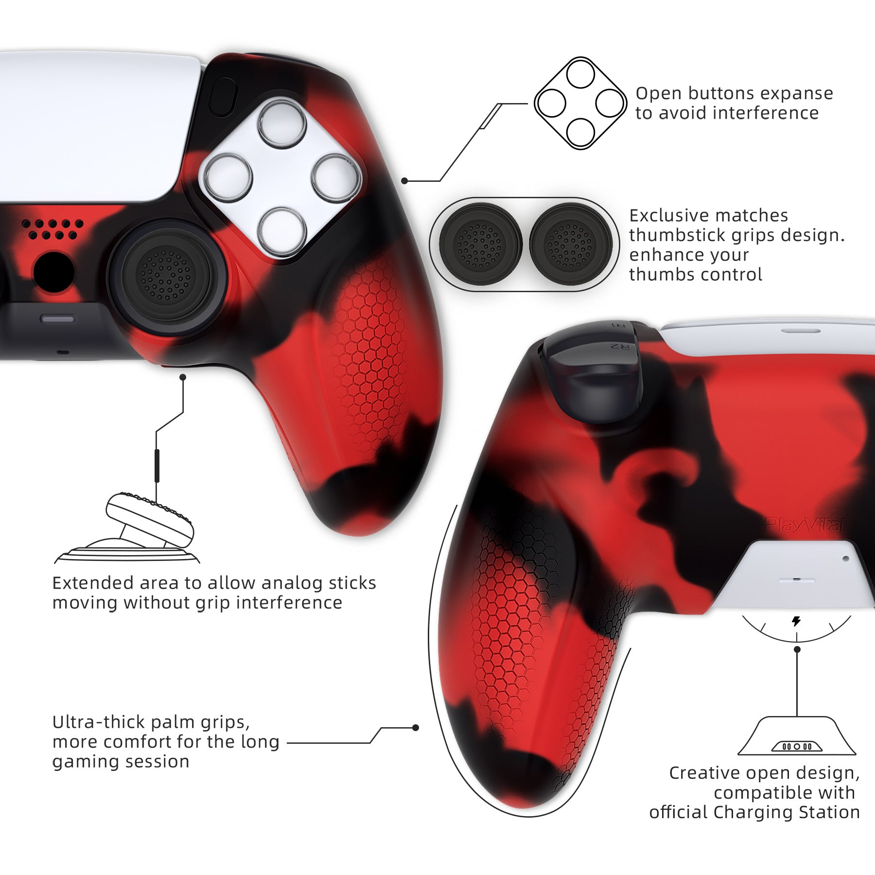 PlayVital Ninja Edition Anti-Slip Silicone Cover Skin with Thumb Grips for PS5 Wireless Controller, Compatible with Charging Station - Red & Black - MQRPFP007 PlayVital
