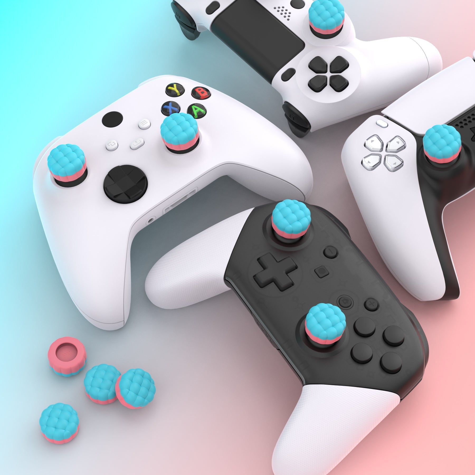 PlayVital Puff Cloud Texture Design Thumbs Cushion Grips Caps for PS5 & PS4 & Switch Pro & Xbox Series X/S & Xbox Elite Series 2 & Xbox One & Xbox Core Wireless Controller - Aqua Blue & Coral Pink PlayVital