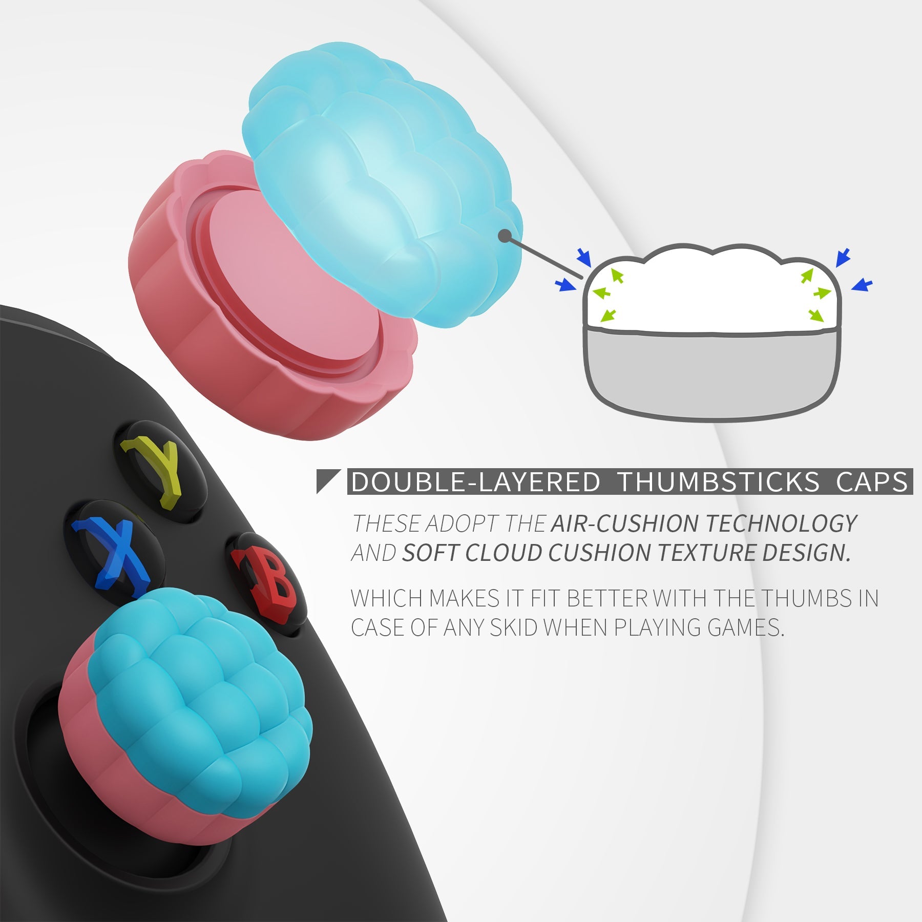 PlayVital Puff Cloud Texture Design Thumbs Cushion Grips Caps for PS5 & PS4 & Switch Pro & Xbox Series X/S & Xbox Elite Series 2 & Xbox One & Xbox Core Wireless Controller - Aqua Blue & Coral Pink PlayVital