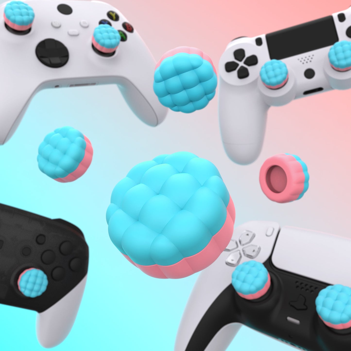 PlayVital Puff Cloud Texture Design Thumbs Cushion Grips Caps for PS5 & PS4 & Switch Pro & Xbox Series X/S & Xbox Elite Series 2 & Xbox One & Xbox Core Wireless Controller - Aqua Blue & Coral Pink PlayVital