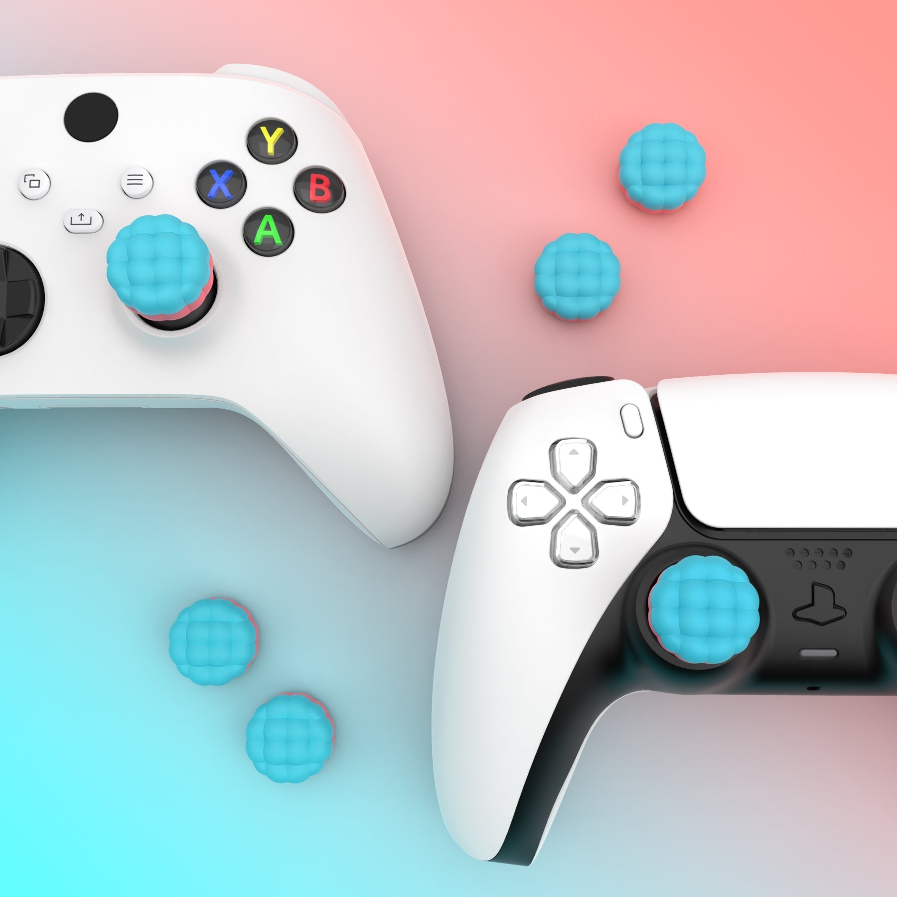 PlayVital Puff Cloud Texture Design Thumbs Cushion Grips Caps for PS5 & PS4 & Switch Pro & Xbox Series X/S & Xbox Elite Series 2 & Xbox One & Xbox Core Wireless Controller - Aqua Blue & Coral Pink PlayVital