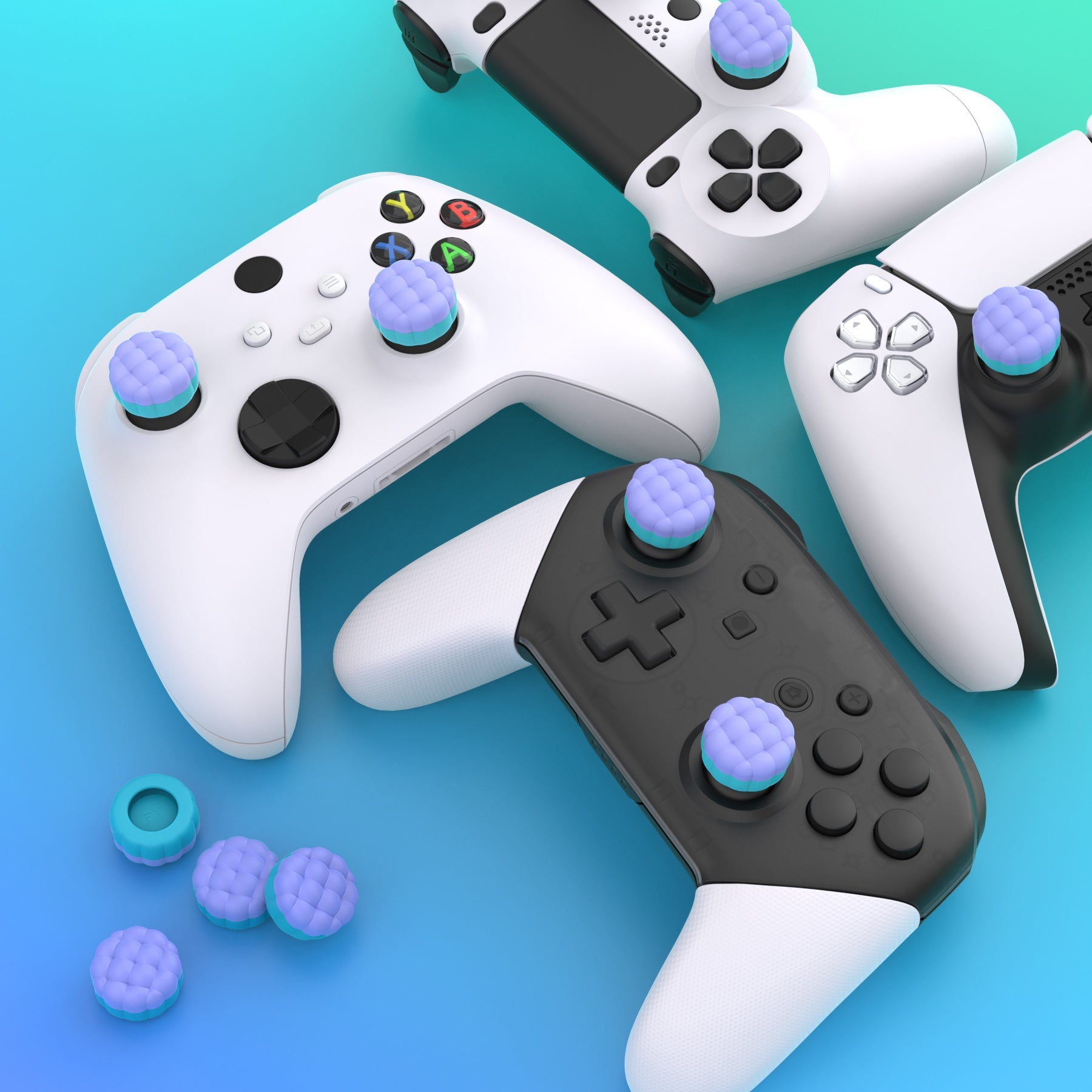 PlayVital Puff Cloud Texture Design Thumbs Cushion Grips Caps for PS5 & PS4 & Switch Pro & Xbox Series X/S & Xbox Elite Series 2 & Xbox One & Xbox Core Wireless Controller - Light Purple & Aqua Blue PlayVital