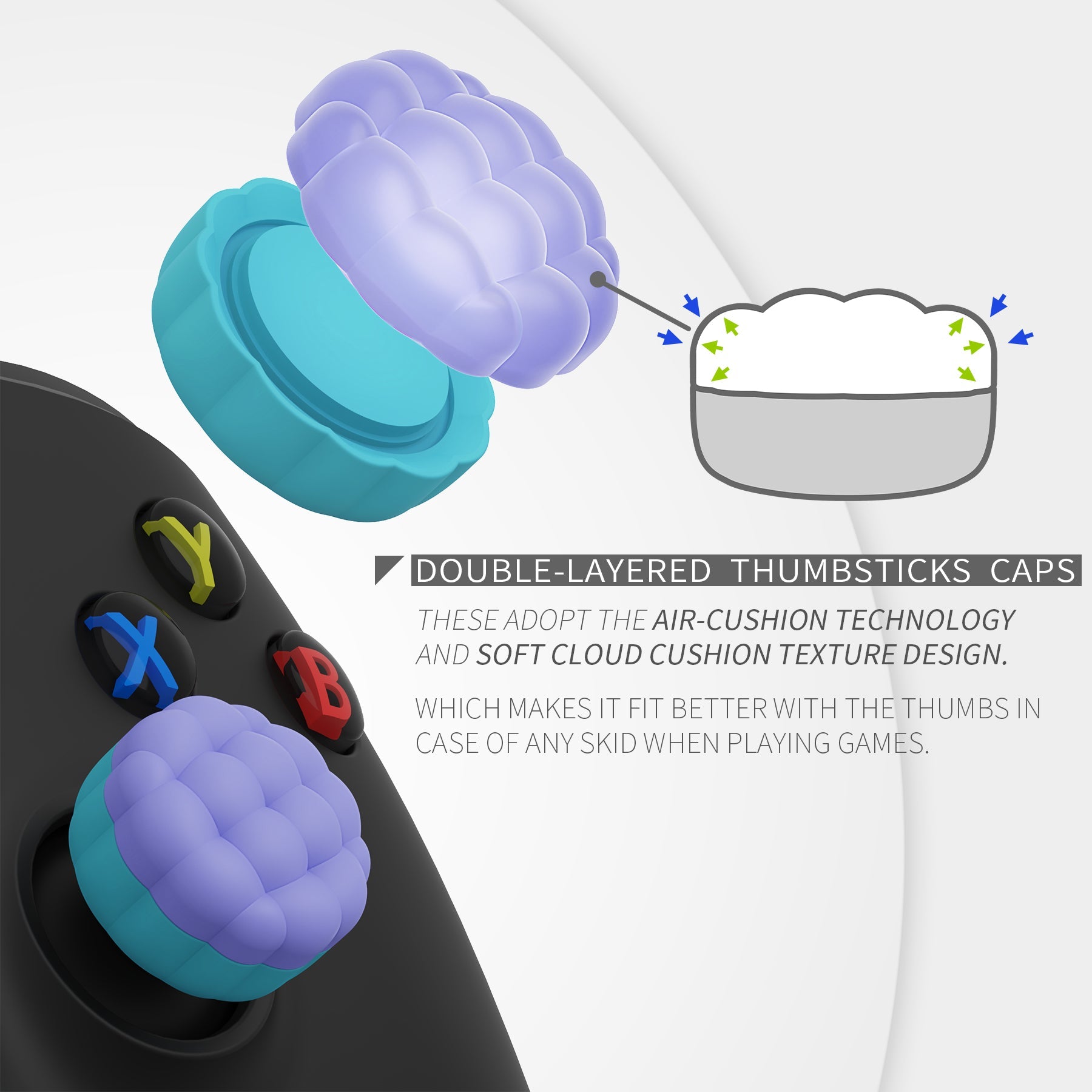 PlayVital Puff Cloud Texture Design Thumbs Cushion Grips Caps for PS5 & PS4 & Switch Pro & Xbox Series X/S & Xbox Elite Series 2 & Xbox One & Xbox Core Wireless Controller - Light Purple & Aqua Blue PlayVital