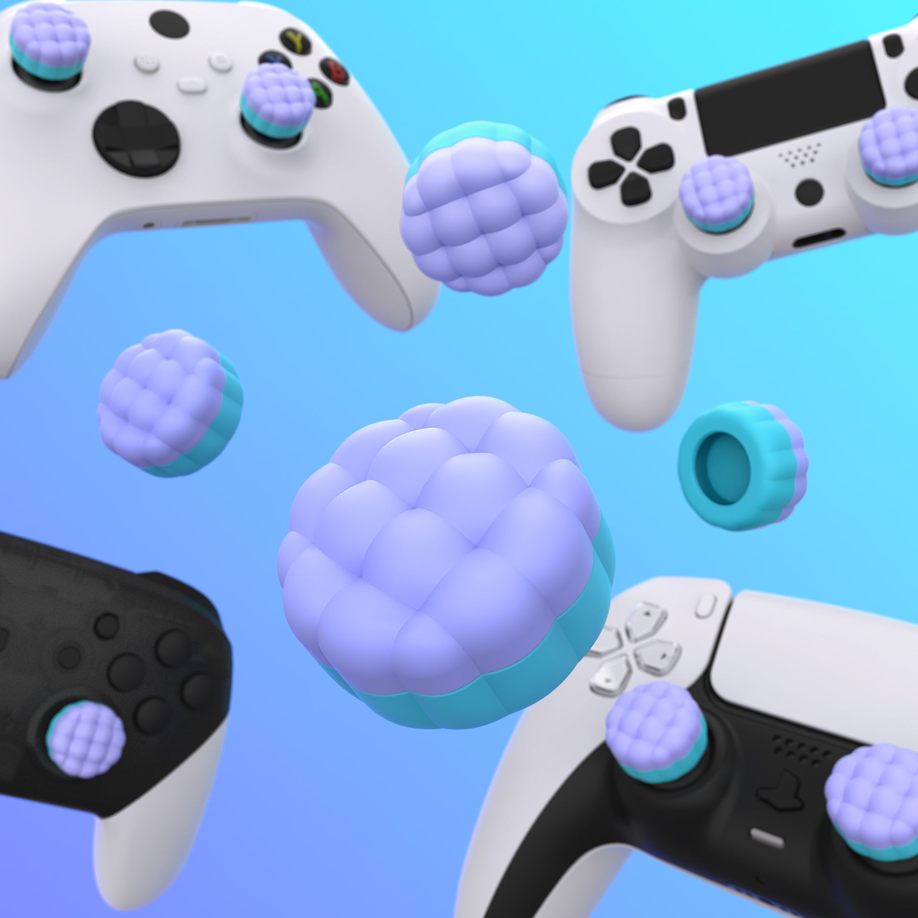 PlayVital Puff Cloud Texture Design Thumbs Cushion Grips Caps for PS5 & PS4 & Switch Pro & Xbox Series X/S & Xbox Elite Series 2 & Xbox One & Xbox Core Wireless Controller - Light Purple & Aqua Blue PlayVital