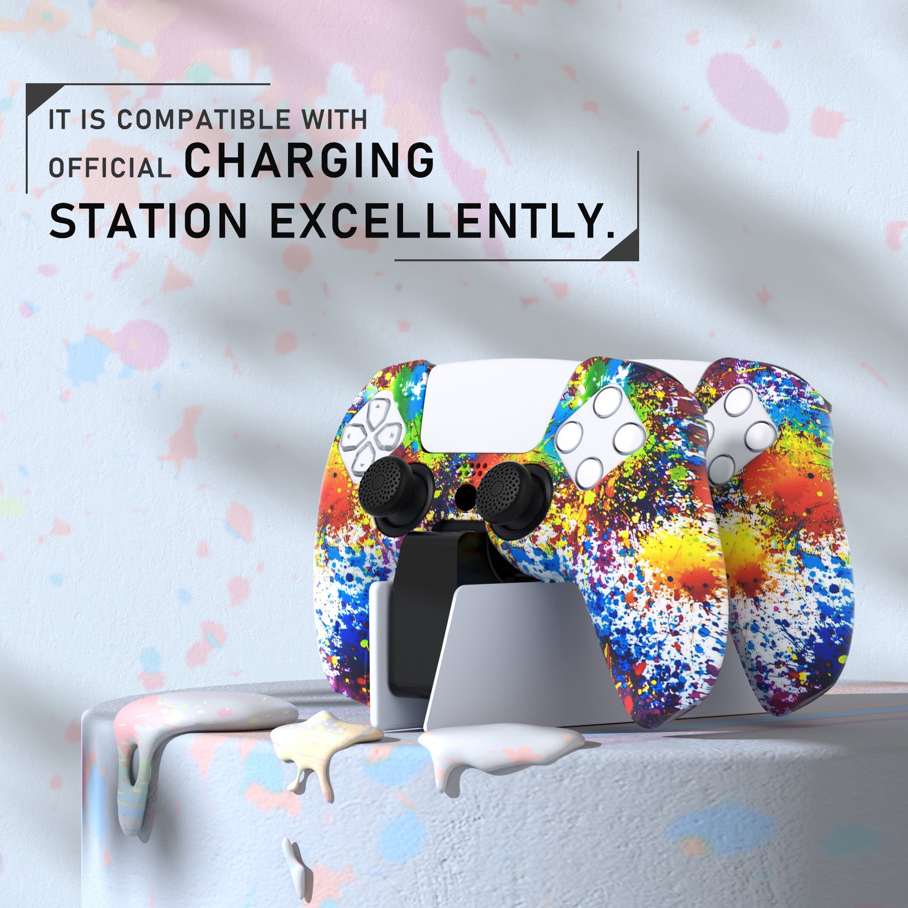 PlayVital Pure Series Dockable Model Anti-Slip Silicone Cover Skin with Thumb Grip Caps for PS5 Wireless Controller - Compatible with Charging Station - Colorful Splash - EKPFS002 PlayVital