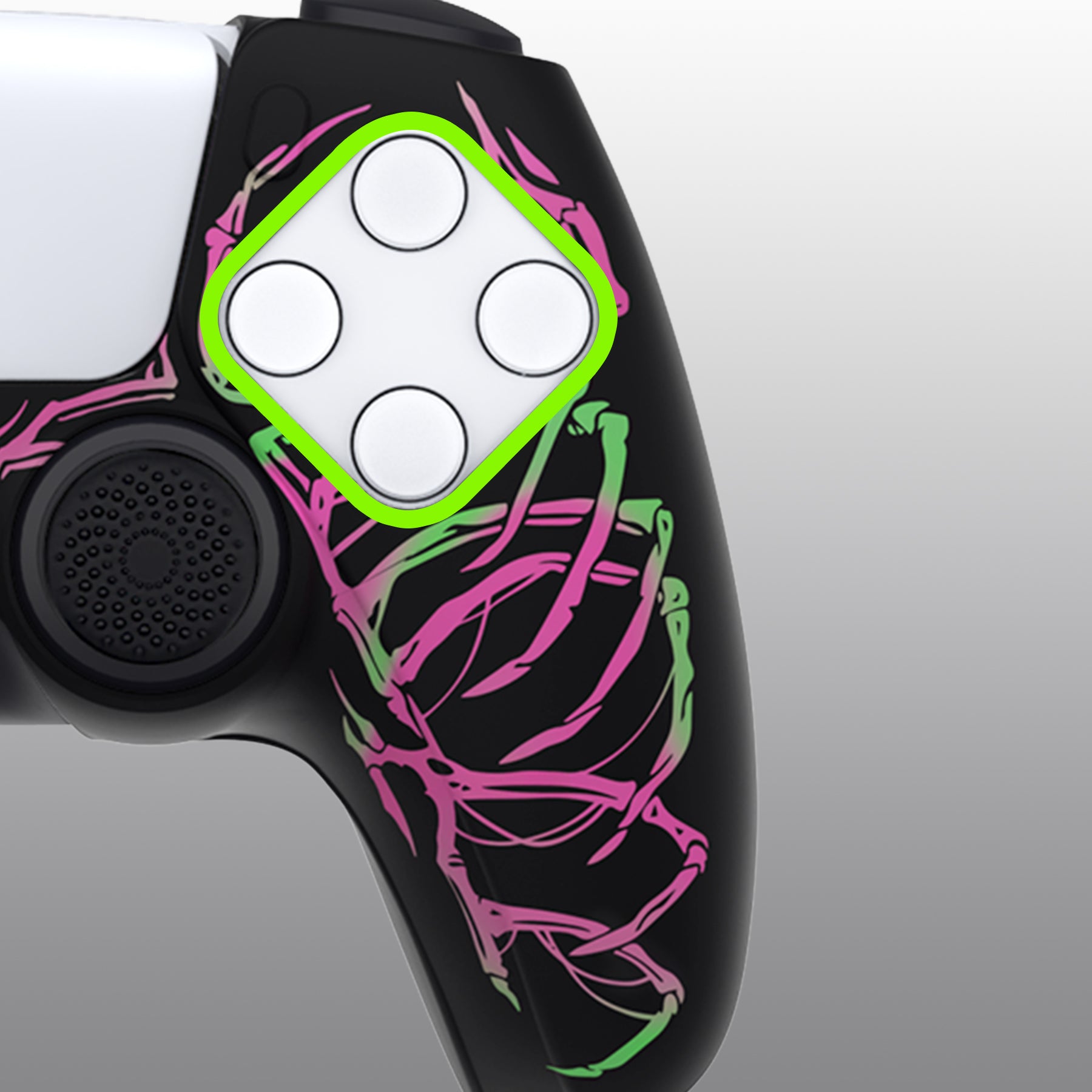 PlayVital Pure Series Dockable Model Anti-Slip Silicone Cover Skin with Thumb Grip Caps for PS5 Wireless Controller - Compatible with Charging Station - Carving Skull Pink & Green - EKPFL001 PlayVital