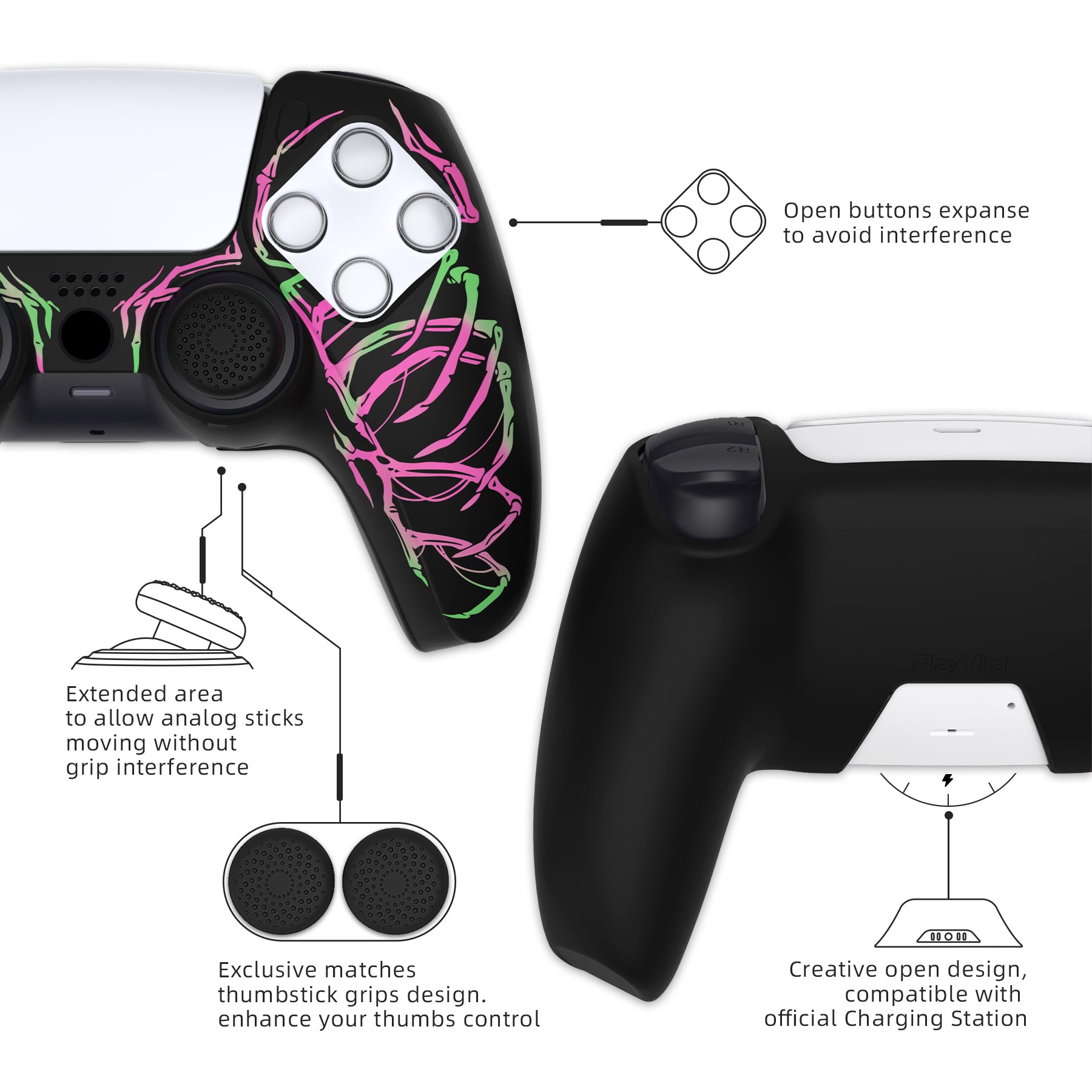 PlayVital Pure Series Dockable Model Anti-Slip Silicone Cover Skin with Thumb Grip Caps for PS5 Wireless Controller - Compatible with Charging Station - Carving Skull Pink & Green - EKPFL001 PlayVital