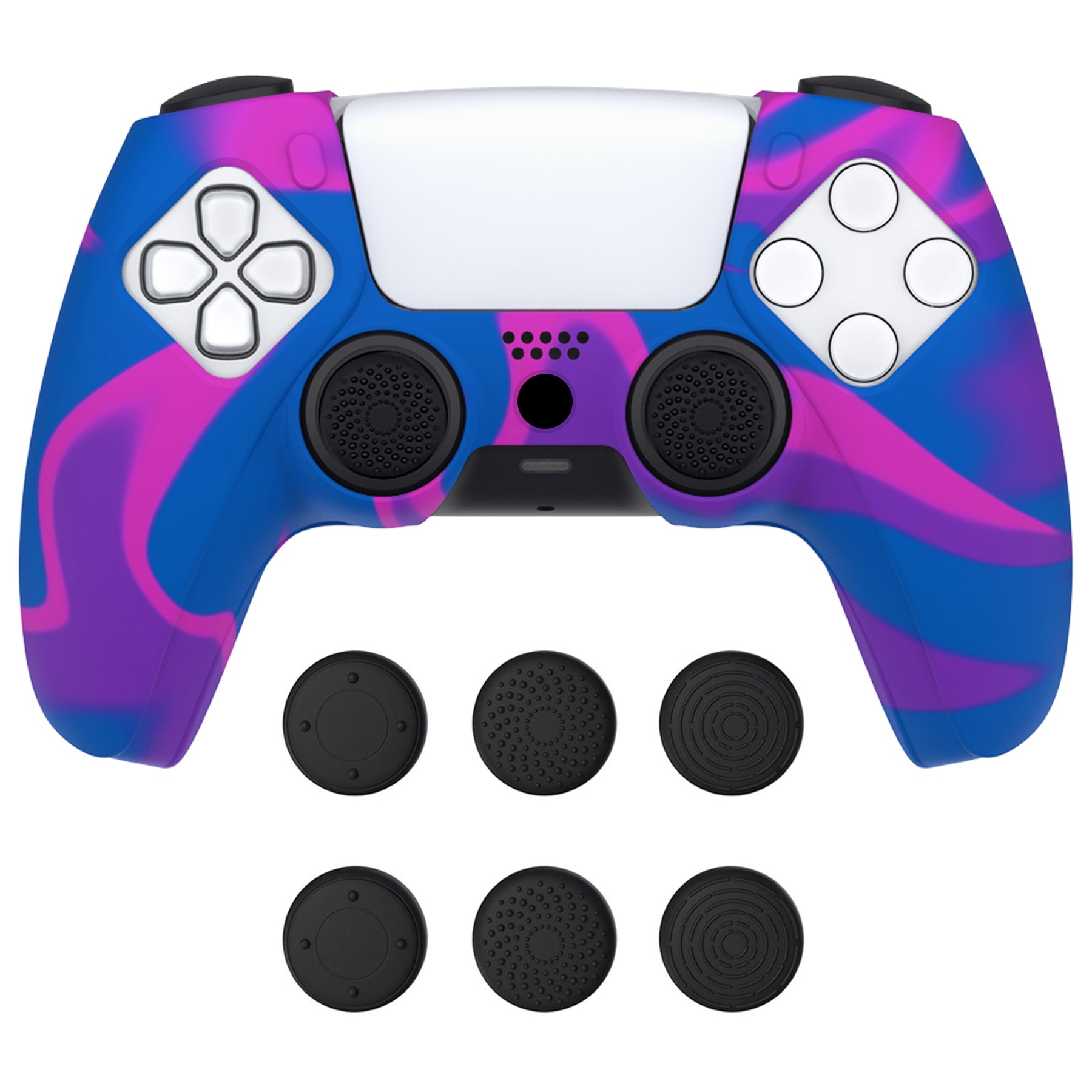 PlayVital Pure Series Dockable Model Anti-Slip Silicone Cover Skin with Thumb Grip Caps for PS5 Wireless Controller - Compatible with Charging Station - Pink & Purple & Blue - EKPFP003 PlayVital