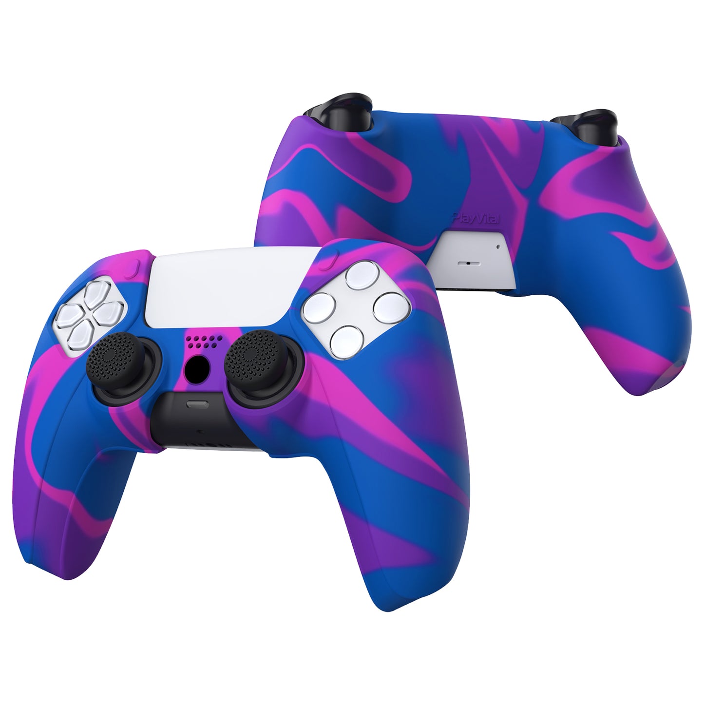 PlayVital Pure Series Dockable Model Anti-Slip Silicone Cover Skin with Thumb Grip Caps for PS5 Wireless Controller - Compatible with Charging Station - Pink & Purple & Blue - EKPFP003 PlayVital