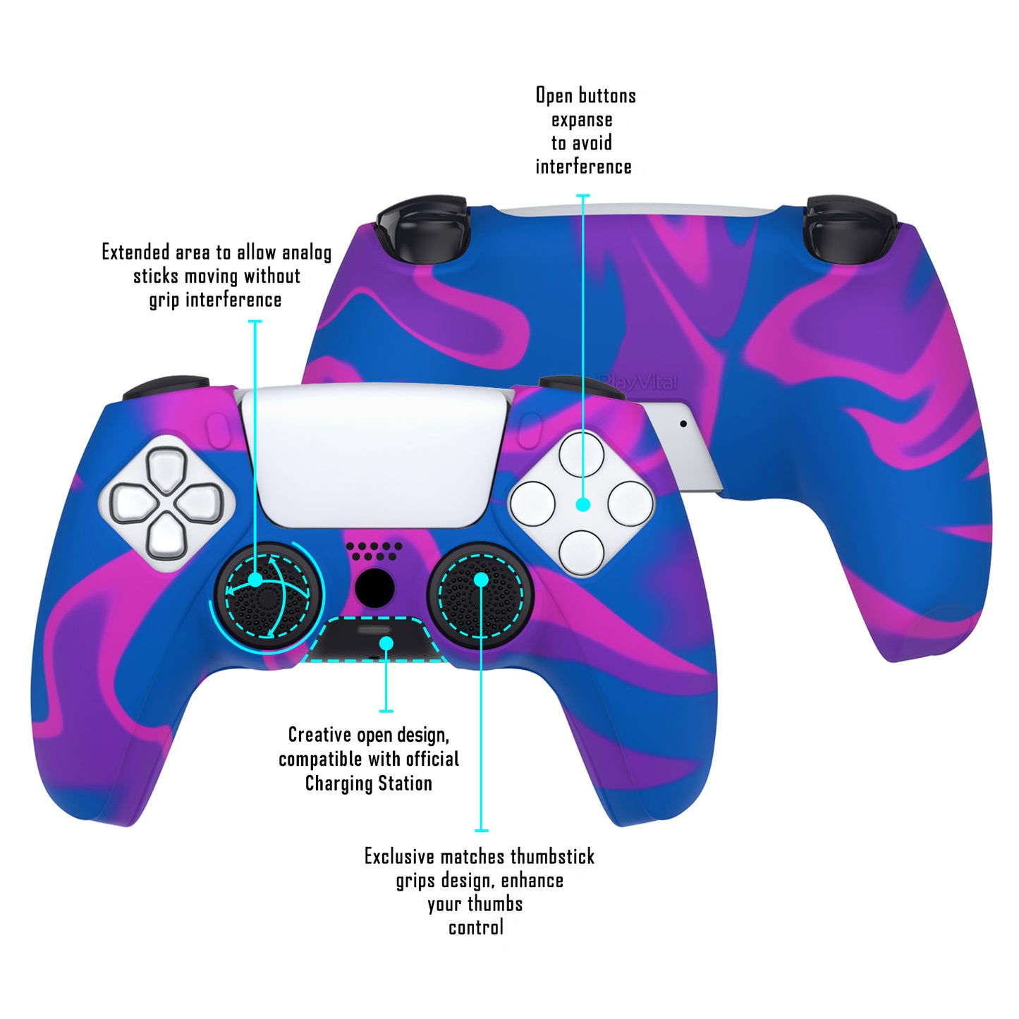 PlayVital Pure Series Dockable Model Anti-Slip Silicone Cover Skin with Thumb Grip Caps for PS5 Wireless Controller - Compatible with Charging Station - Pink & Purple & Blue - EKPFP003 PlayVital