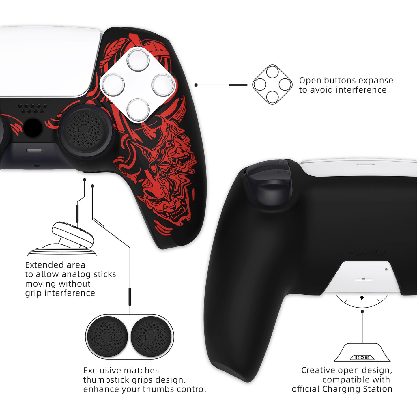 PlayVital Pure Series Dockable Model Anti-Slip Silicone Cover Skin with Thumb Grip Caps for PS5 Wireless Controller - Compatible with Charging Station - Samurai Prajna (Red) - EKPFL002 PlayVital