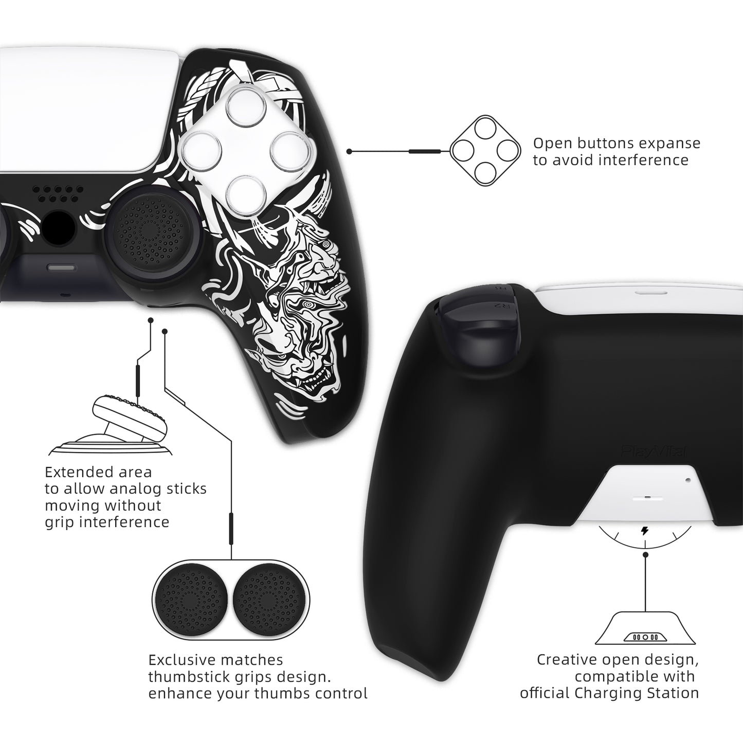 PlayVital Pure Series Dockable Model Anti-Slip Silicone Cover Skin with Thumb Grip Caps for PS5 Wireless Controller - Compatible with Charging Station - Samurai Prajna (White) - EKPFL004 PlayVital