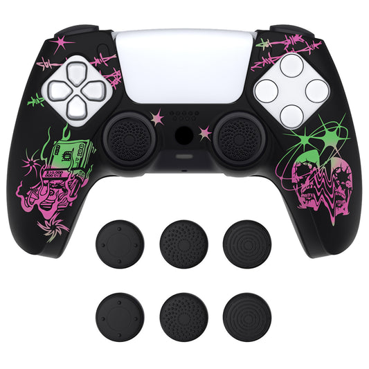 PlayVital Pure Series Dockable Model Anti-Slip Silicone Cover Skin with Thumb Grip Caps for PS5 Wireless Controller - Compatible with Charging Station - Sin Source Pink & Green - EKPFL003 PlayVital
