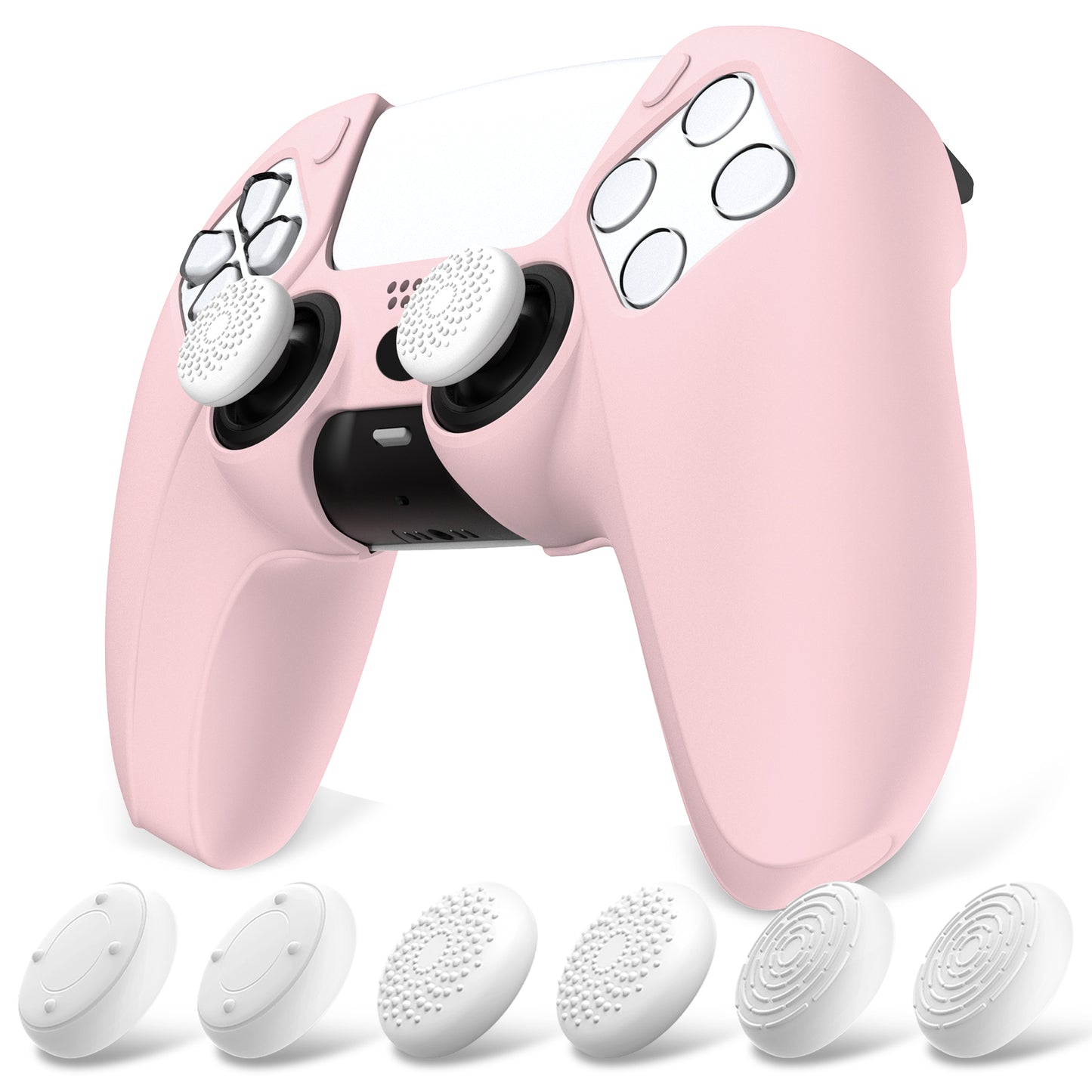 PlayVital Pure Series Dockable Model Anti-Slip Silicone Cover Skin with Thumb Grip Caps for PS5 Wireless Controller - Compatible with Charging Station - Cherry Blossoms Pink - EKPFP007 PlayVital