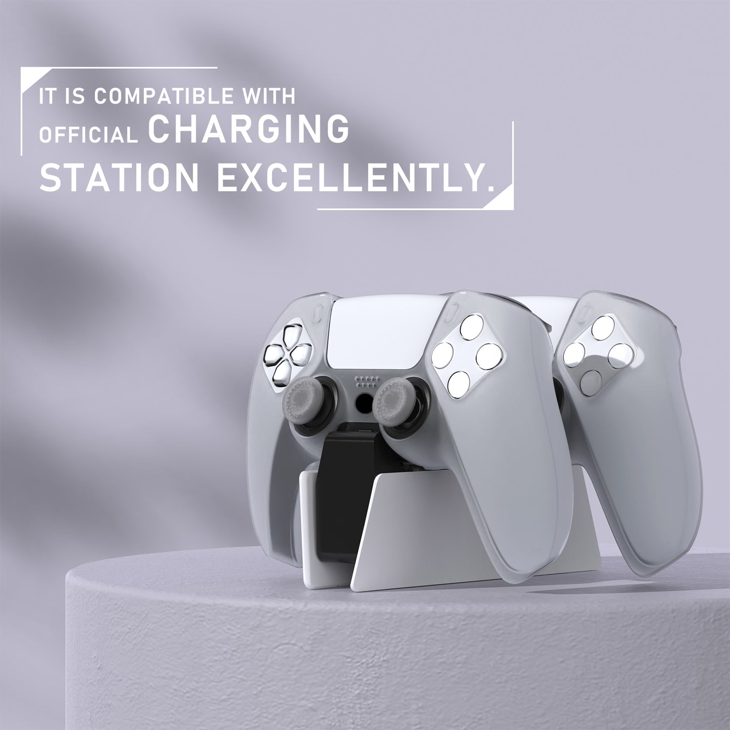 PlayVital Pure Series Dockable Model Anti-Slip Silicone Cover Skin with Thumb Grip Caps for PS5 Wireless Controller - Compatible with Charging Station - Clear White - EKPFP008 PlayVital