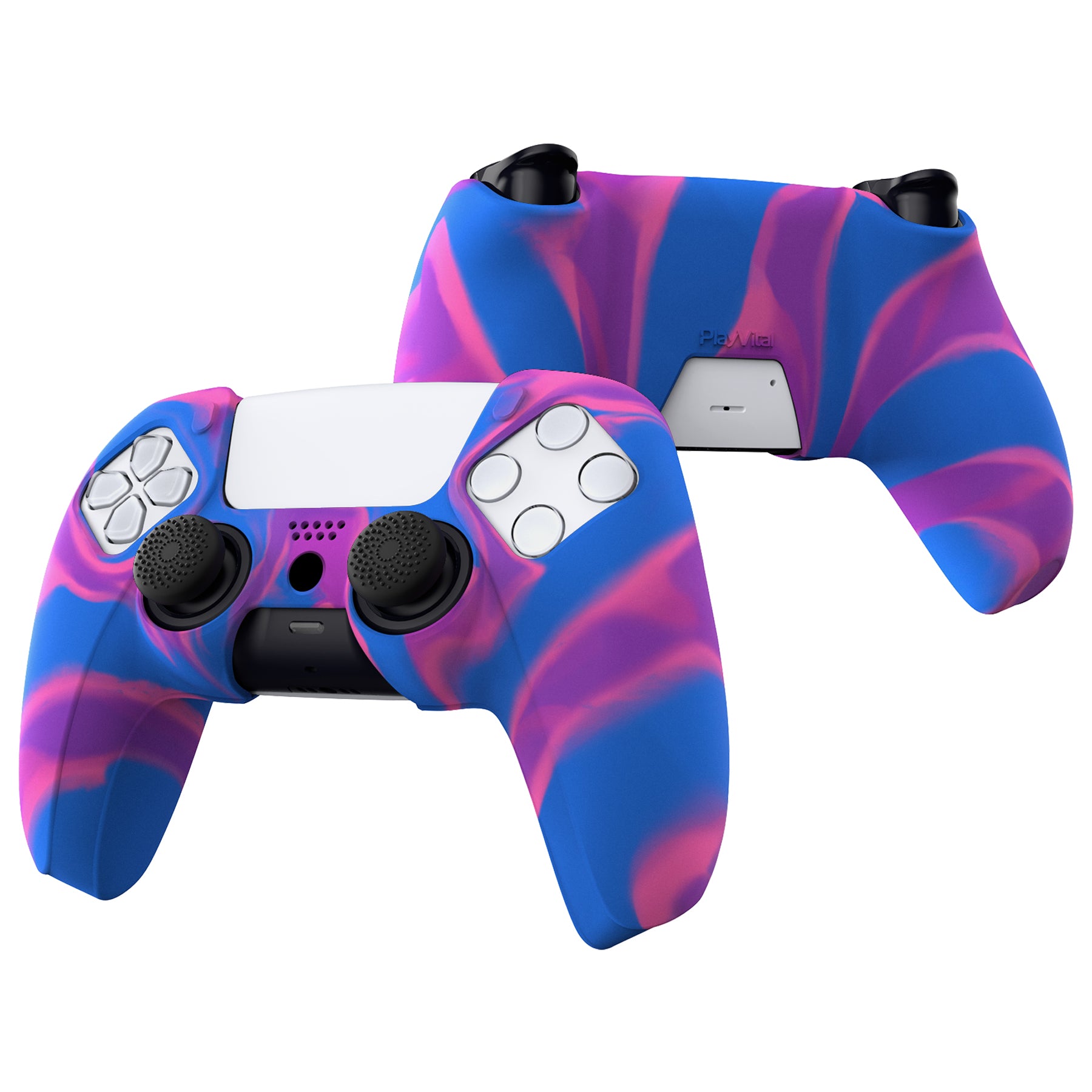 PlayVital Pure Series Dockable Model Anti-Slip Silicone Cover Skin with Thumb Grip Caps for PS5 Wireless Controller - Compatible with Charging Station - Pink & Purple & Blue PlayVital