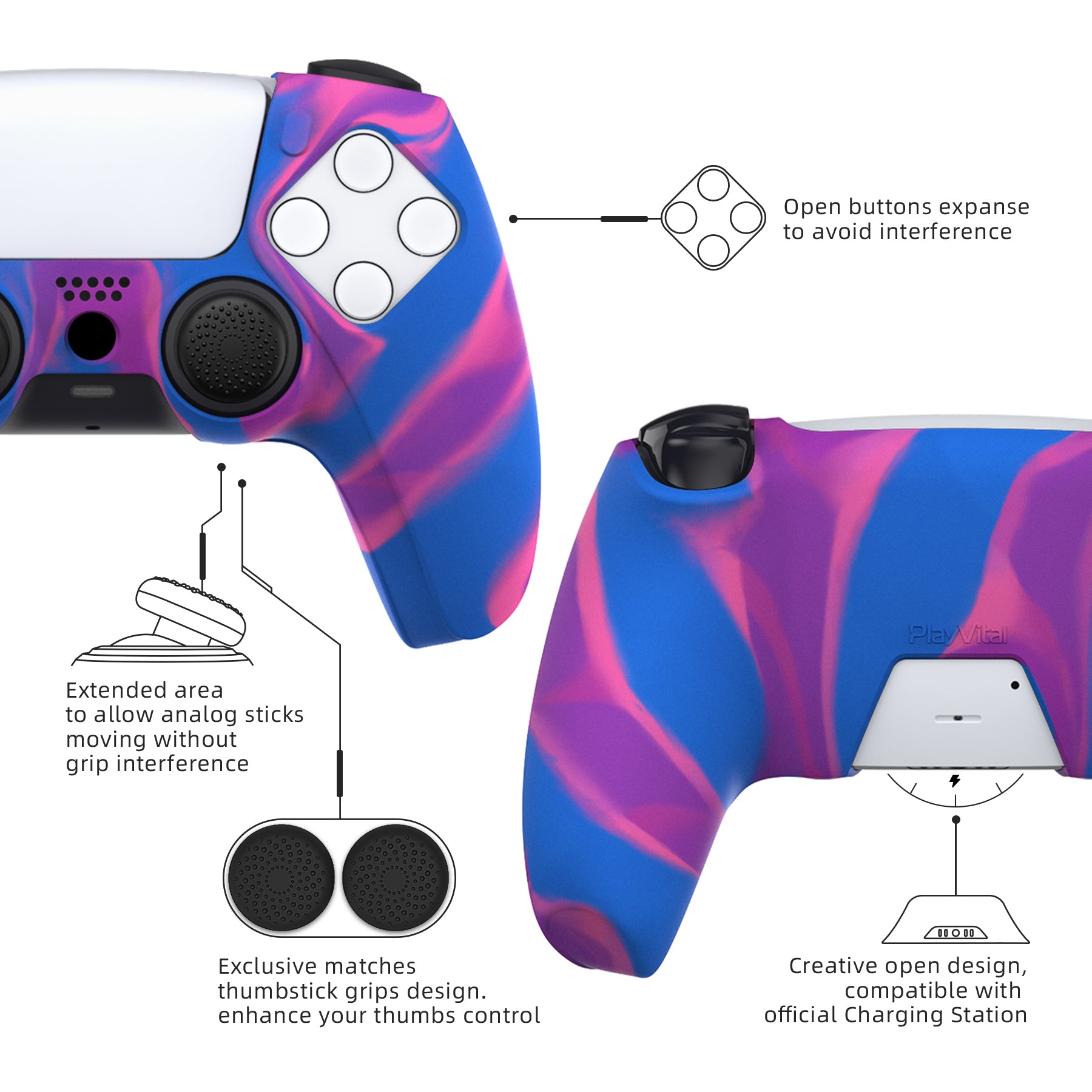 PlayVital Pure Series Dockable Model Anti-Slip Silicone Cover Skin with Thumb Grip Caps for PS5 Wireless Controller - Compatible with Charging Station - Pink & Purple & Blue PlayVital