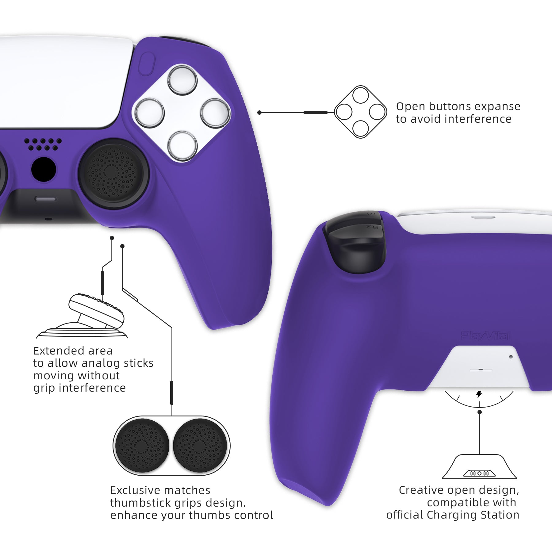 PlayVital Pure Series Ergonomic Anti-Slip Silicone Cover Skin with Thumb Grip Caps for PS5 Wireless Controller - Compatible with Charging Station - Purple - EKPFP006 PlayVital