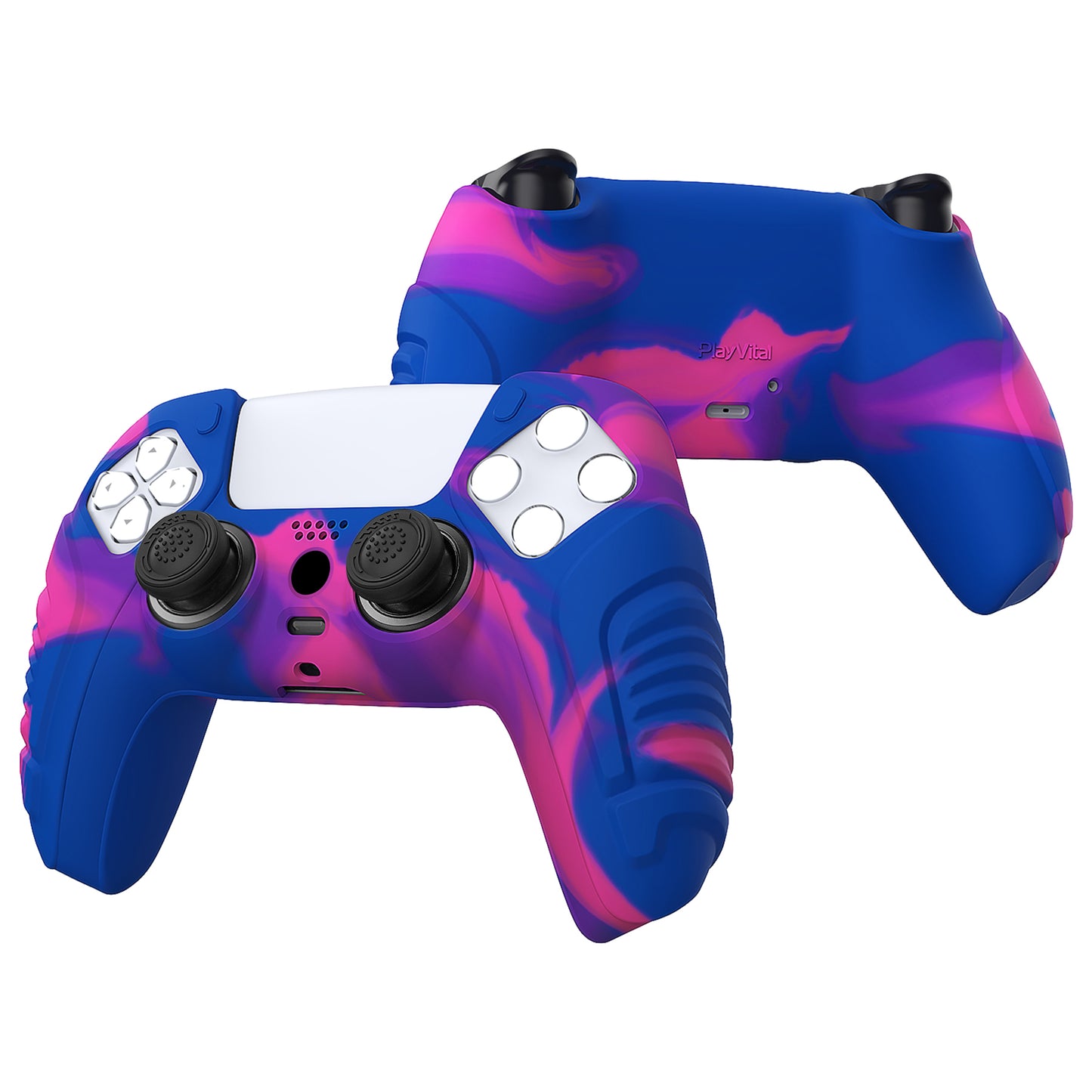 PlayVital Raging Warrior Edition Anti-slip Silicone Cover Skin with Thumbstick Caps for PS5 Wireless Controller - Pink & Purple & Blue - KZPF007 PlayVital