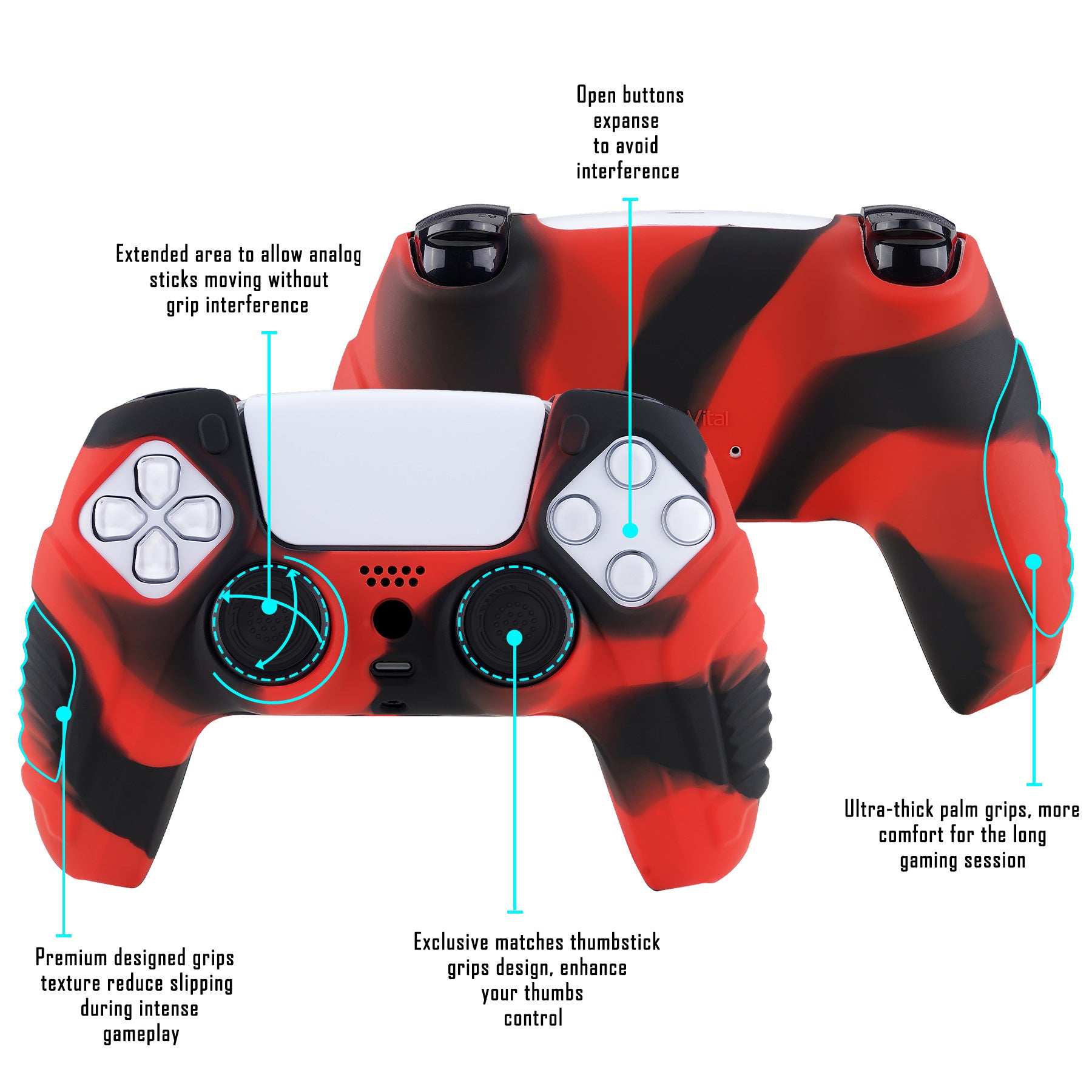 PlayVital Raging Warrior Edition Anti-slip Silicone Cover Skin with Thumbstick Caps for PS5 Wireless Controller - Red & Black - KZPF004 PlayVital