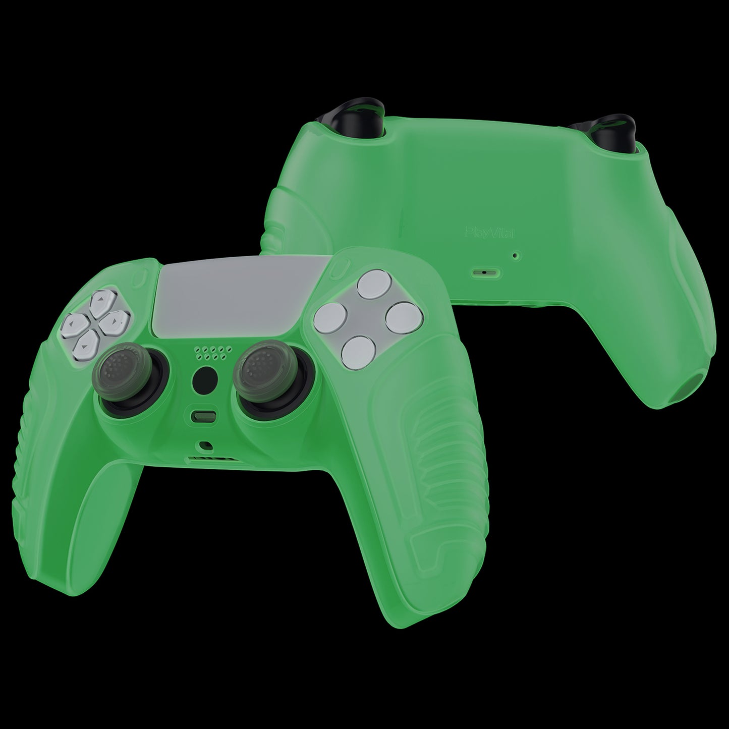 PlayVital Raging Warrior Edition Anti-slip Silicone Cover Skin with Thumbstick Caps for PS5 Wireless Controller - Glow in Dark - Green - KZPF008 PlayVital