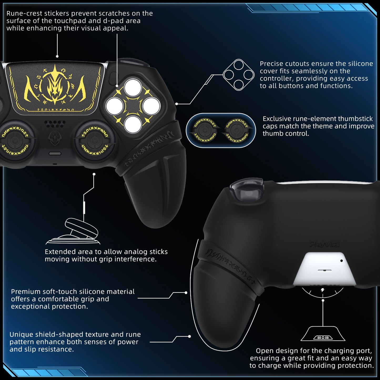 PlayVital Runes Edition Silicone Cover Skin for PS5 Controller with Thumb Grips & Touchpad Skin & D-pad Area Sticker, Compatible with PS5 Charging Dock - Black - FVEPFP001 PlayVital