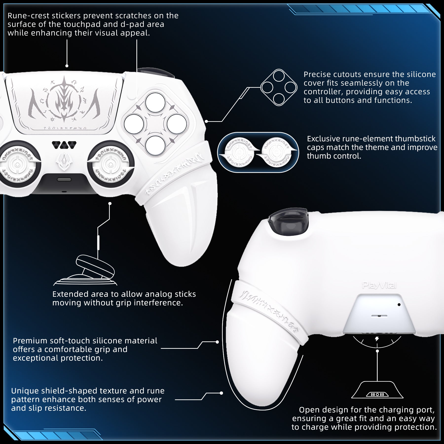 PlayVital Runes Edition Silicone Cover Skin for PS5 Controller with Thumb Grips & Touchpad Skin & D-pad Area Sticker, Compatible with PS5 Charging Dock - Black - FVEPFP001 (Copy) PlayVital